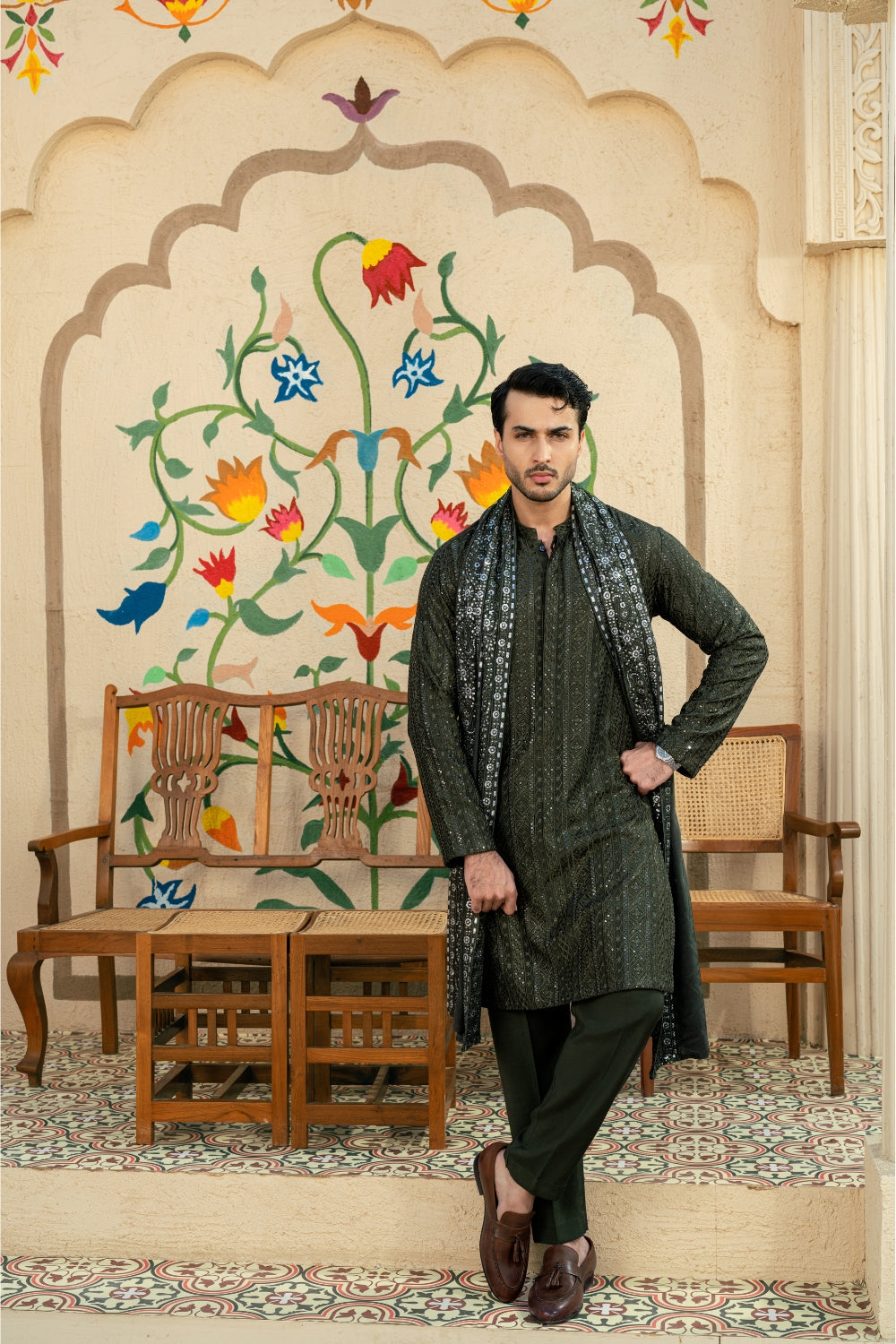 Seaweed Kurta Trouser – Random Border Design