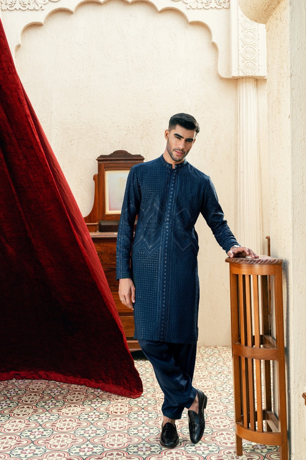 Deep Turquoise Blue Zigzag Kurta Trouser/Shalwar