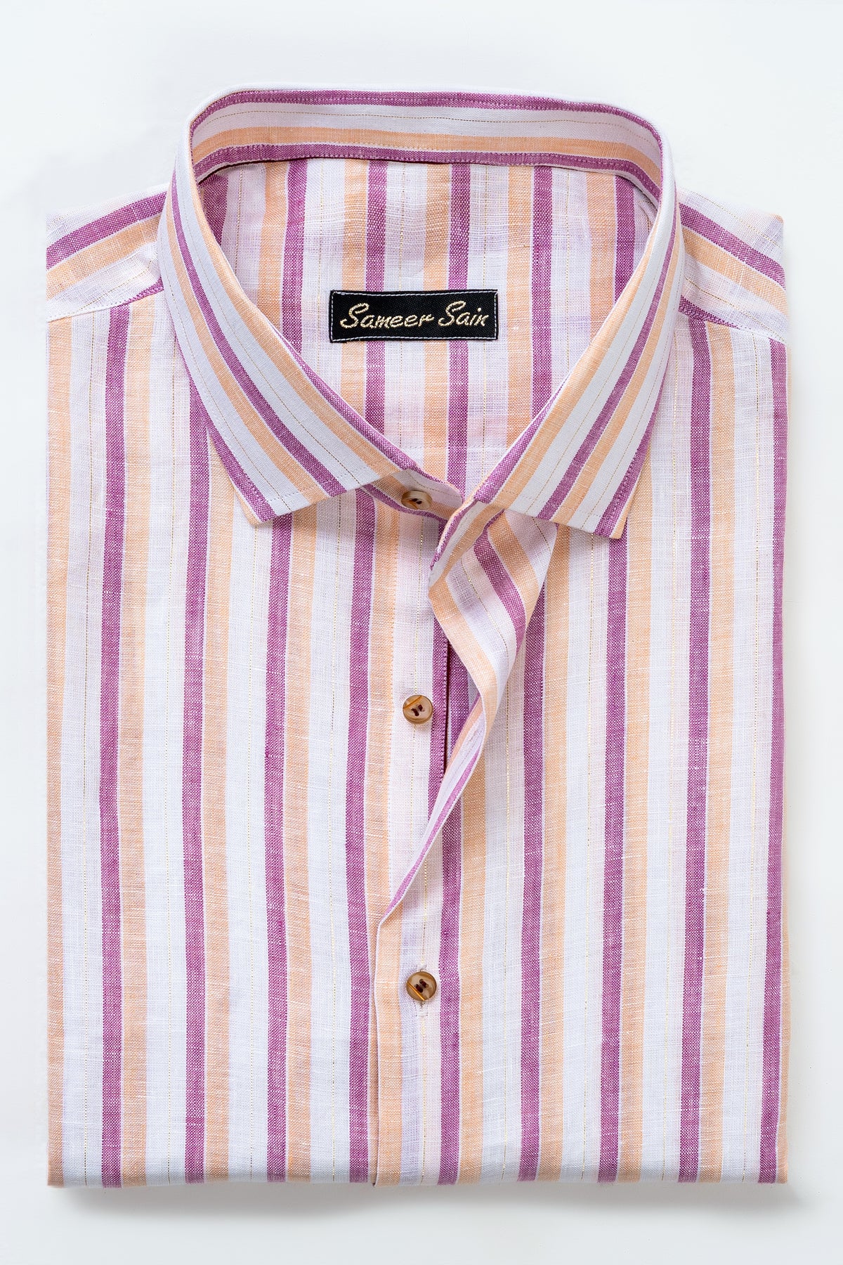 SOFT PURPLE AND ORANGE STRIPES PURE LINEN SHIRT