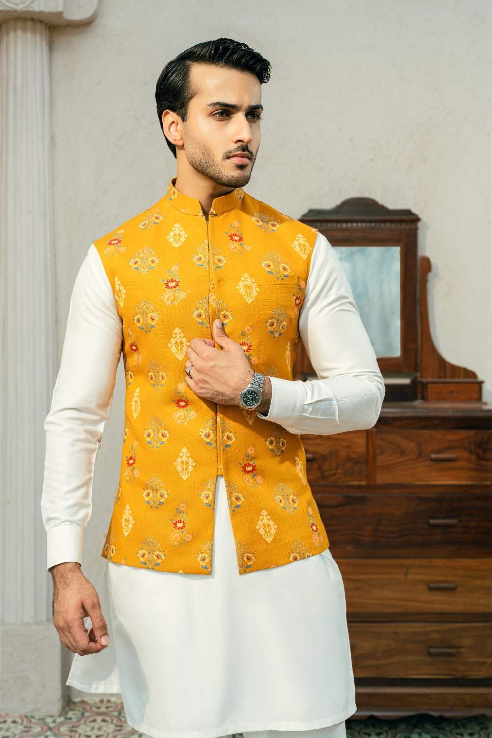 Yellow mustard Print Waistcoat
