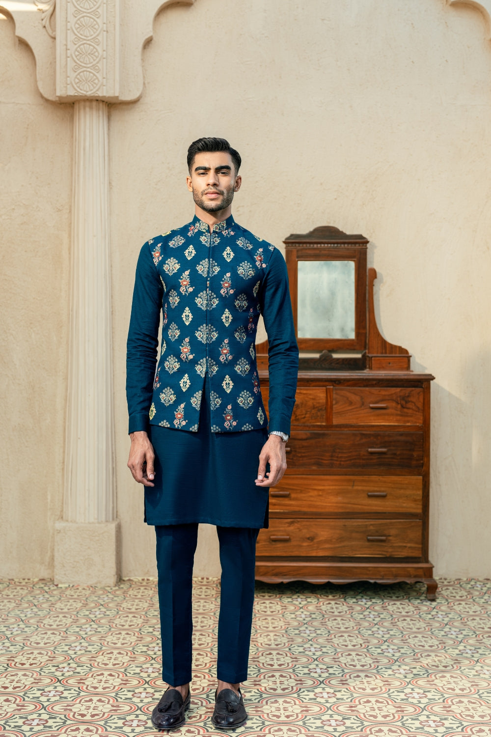 Teal Blue Block Print Waistcoat