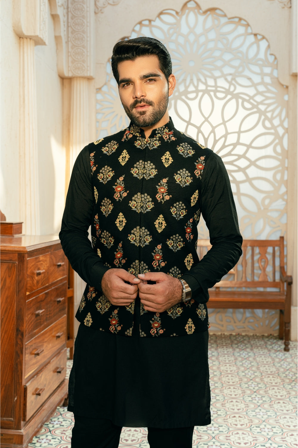 Black Block Print Waistcoat