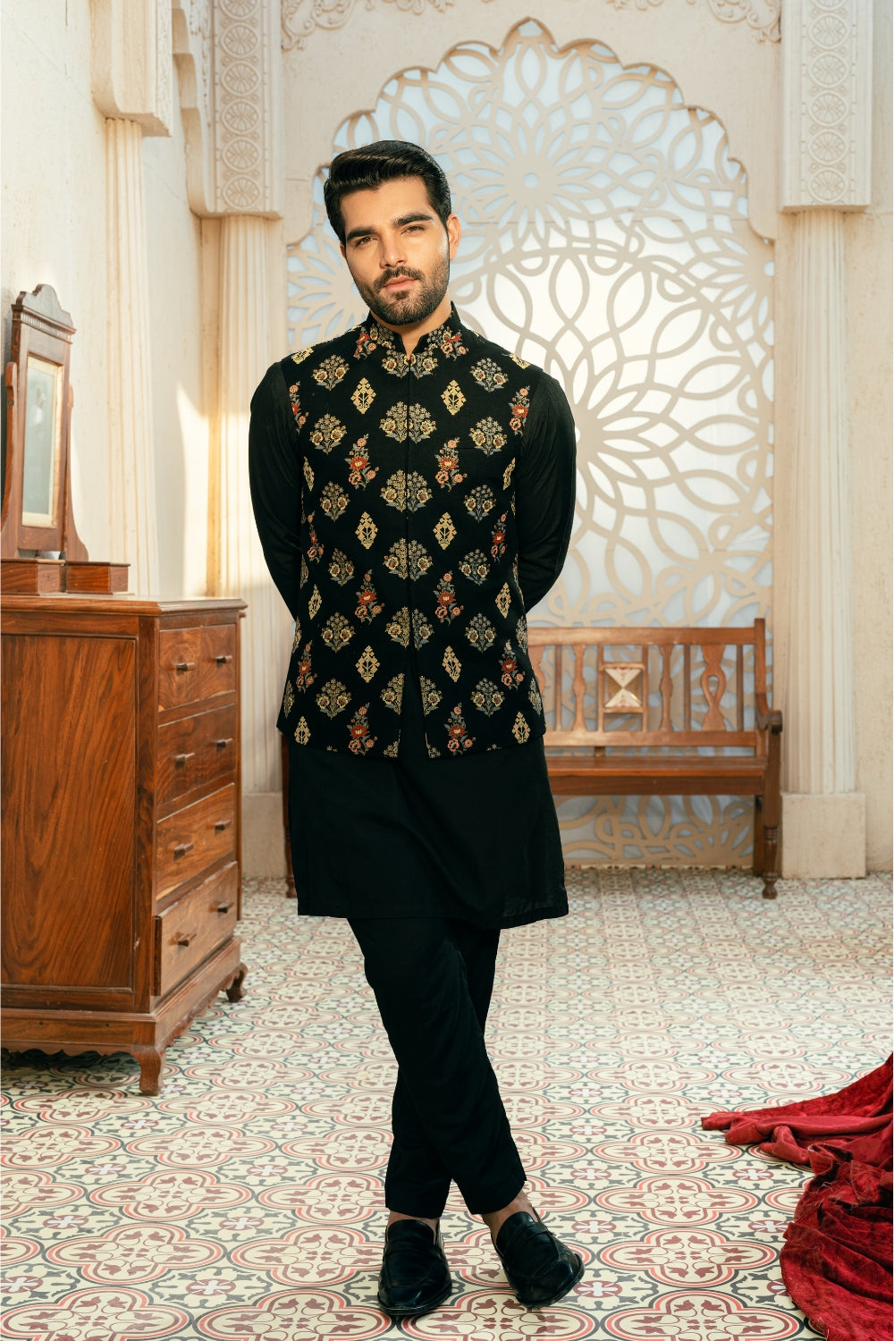 Black Block Print Waistcoat