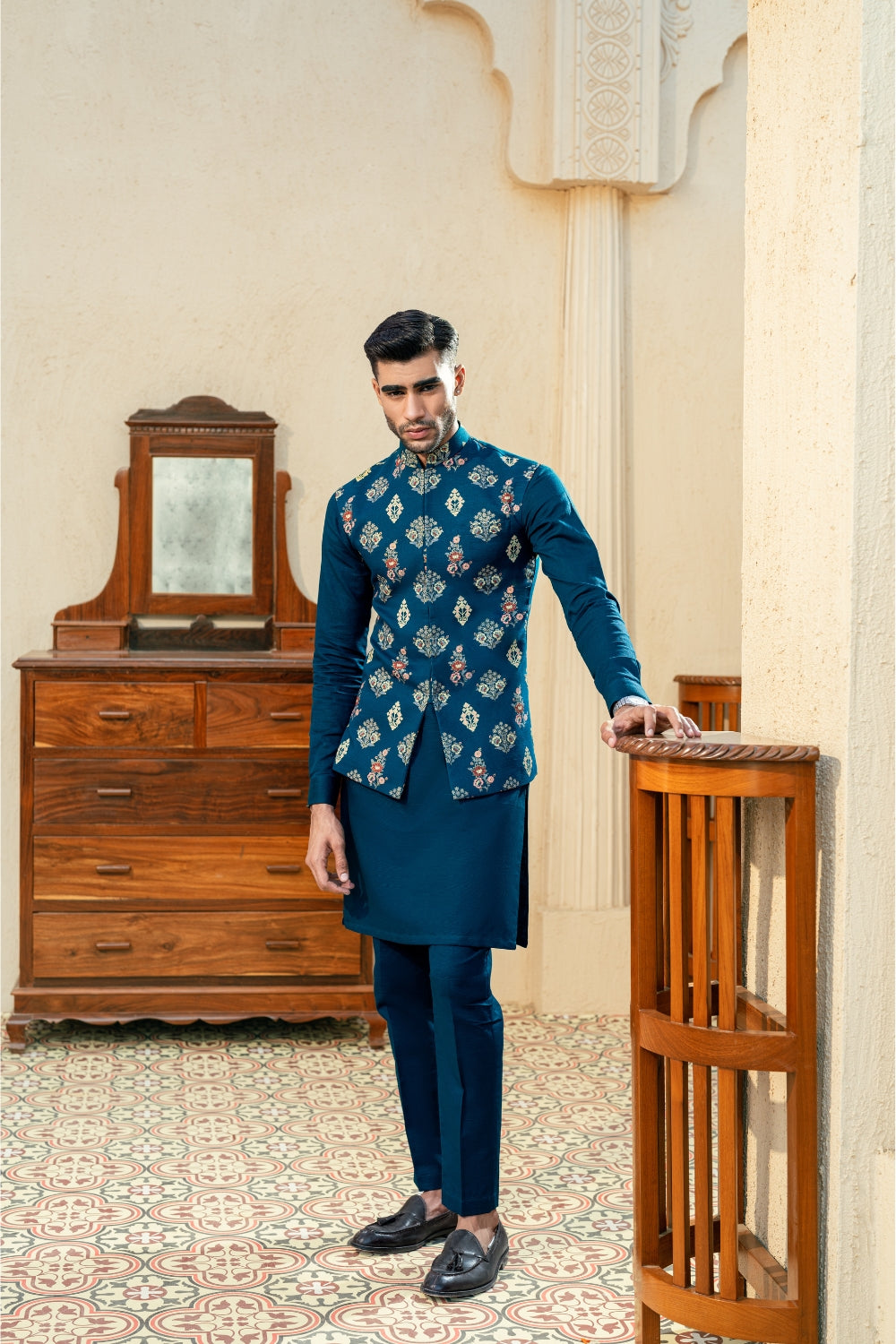 Teal Blue Block Print Waistcoat