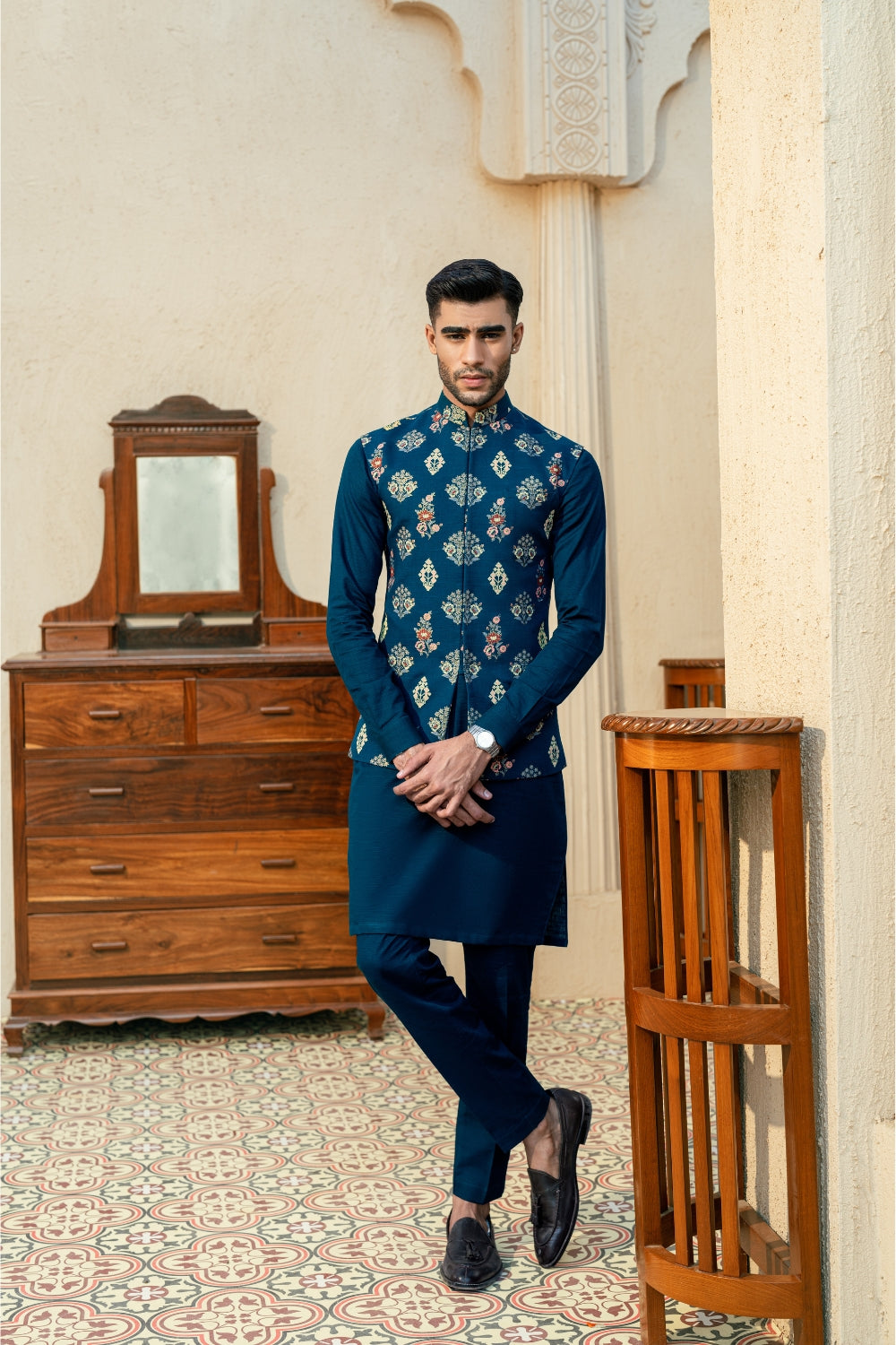 Teal Blue Block Print Waistcoat