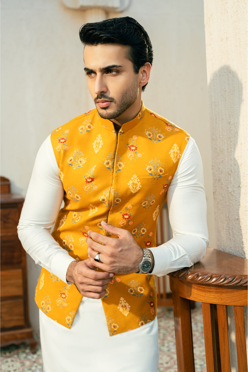 Yellow mustard Print Waistcoat