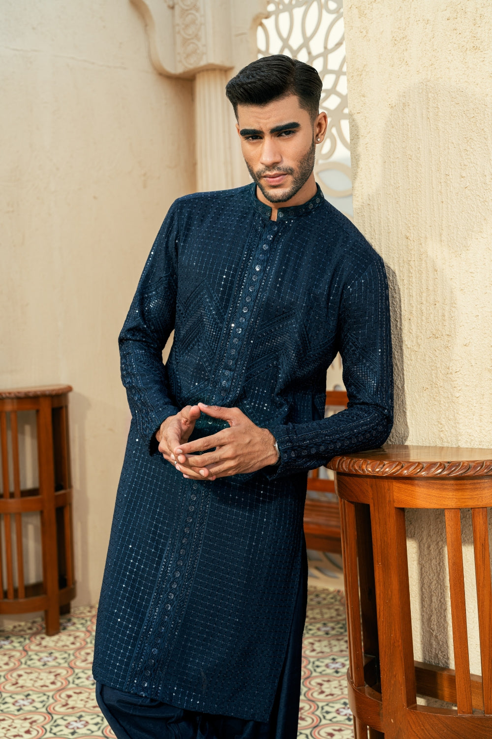 Deep Turquoise Blue Zigzag Kurta Trouser/Shalwar