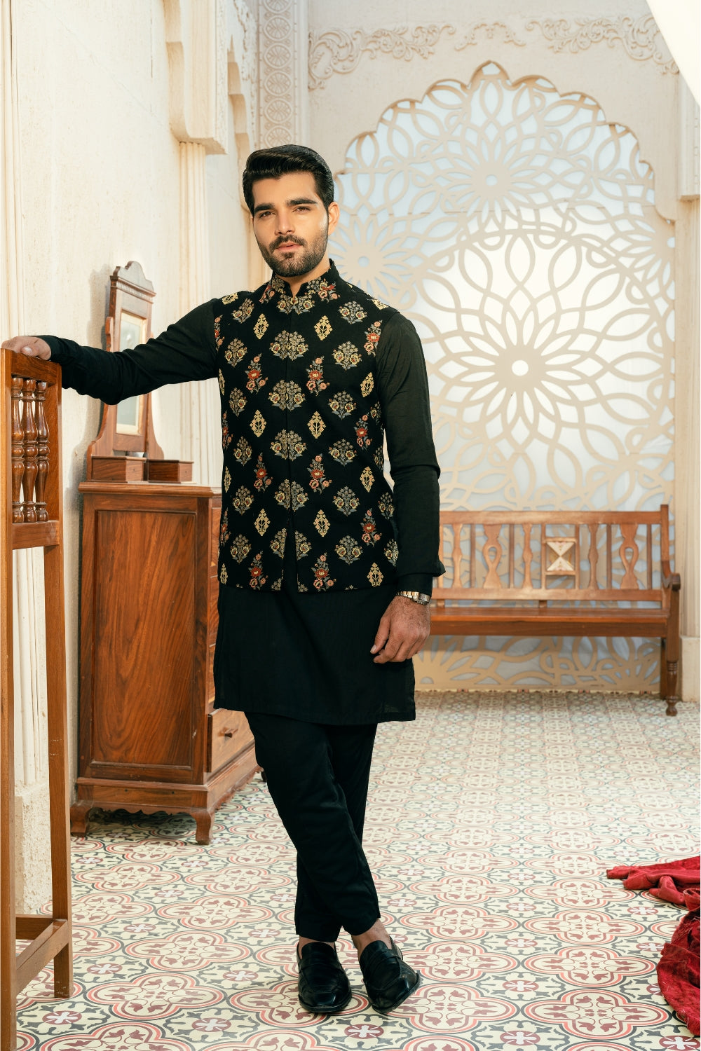 Black Block Print Waistcoat
