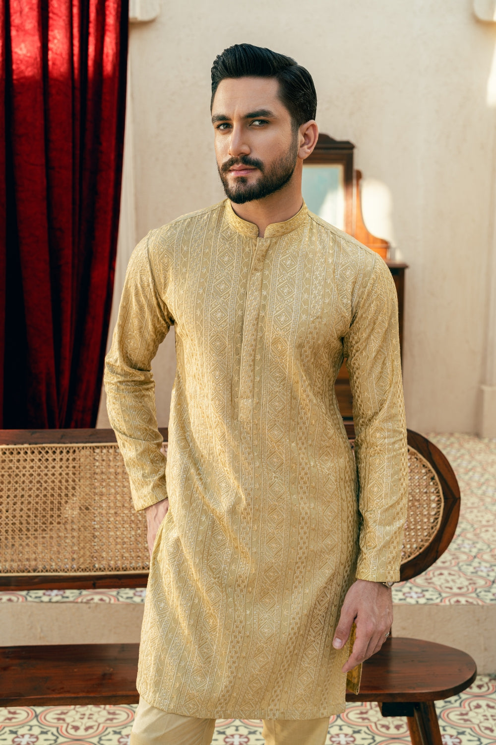 Pastel Yellow Kurta Trouser – Random Border Design