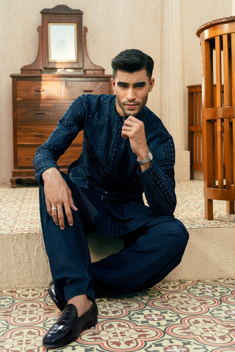 Deep Turquoise Blue Zigzag Kurta Trouser/Shalwar