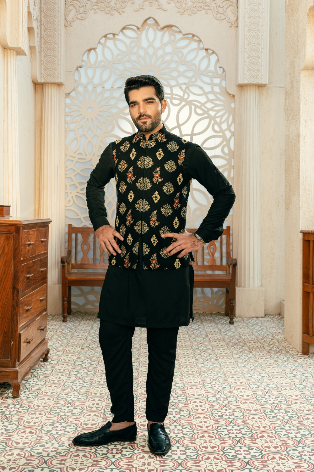 Black Block Print Waistcoat