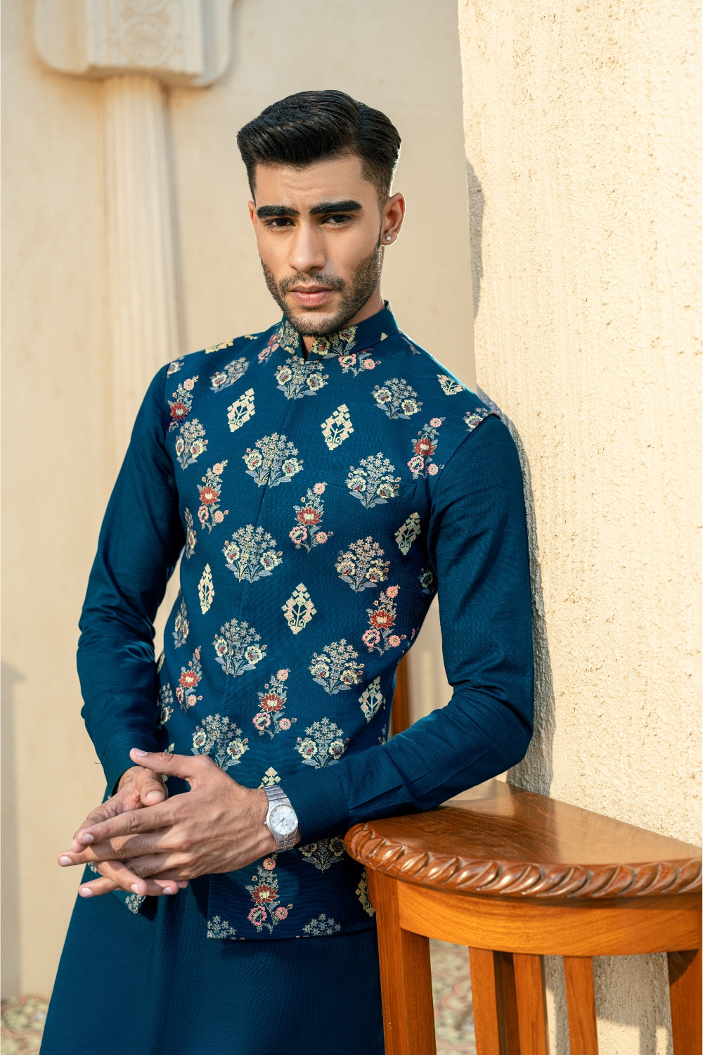 Teal Blue Block Print Waistcoat