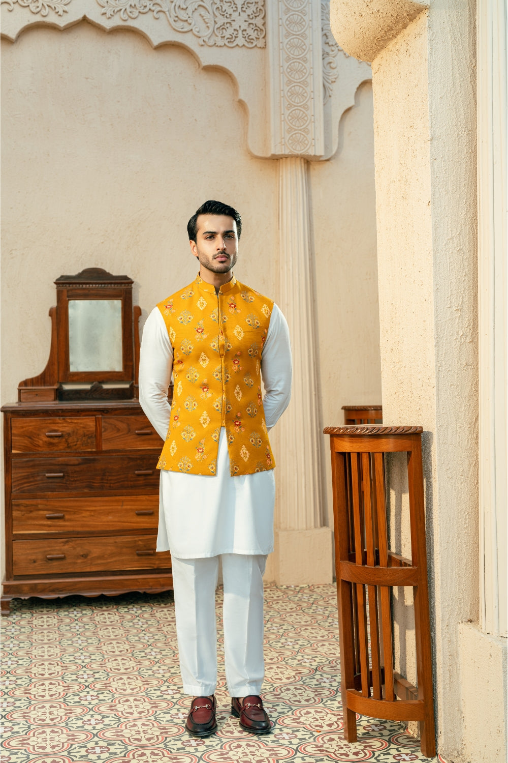 Yellow mustard Print Waistcoat