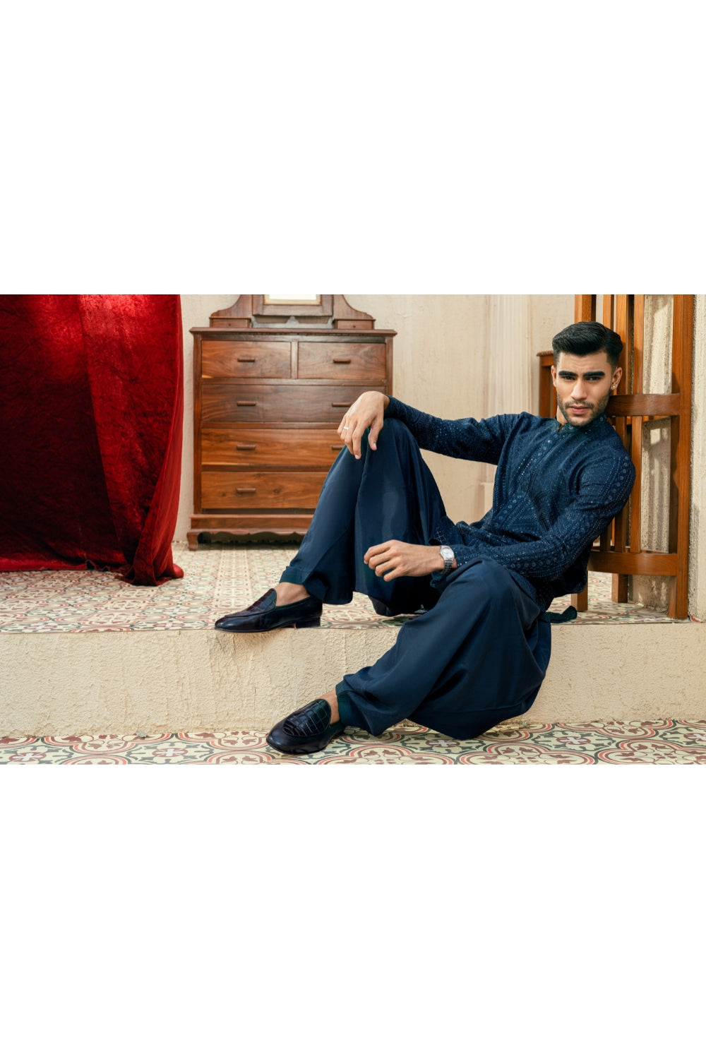 Deep Turquoise Blue Zigzag Kurta Trouser/Shalwar