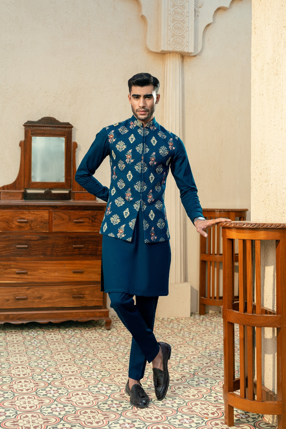 Teal Blue Block Print Waistcoat