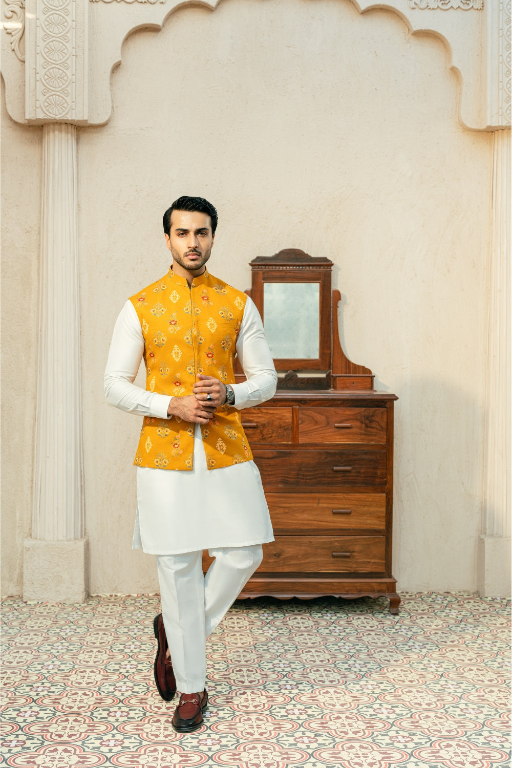 Yellow mustard Print Waistcoat