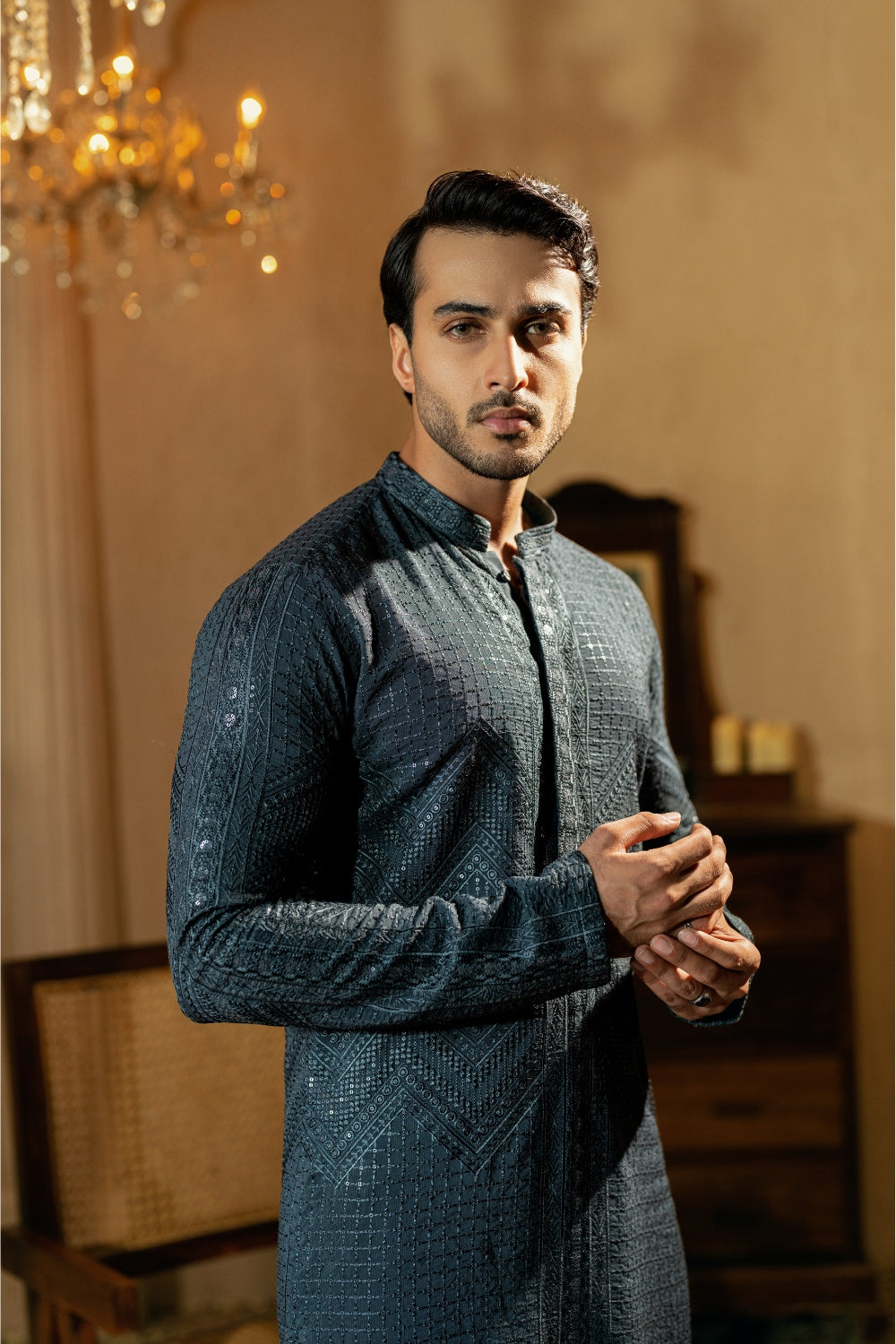 Charcoal Grey Zigzag Kurta Trouser/Shalwar