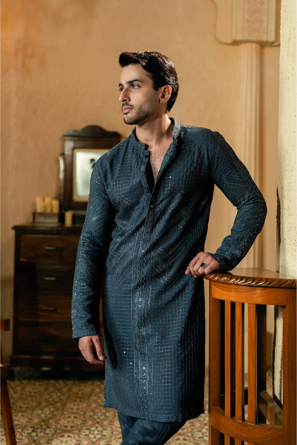 Charcoal Grey Zigzag Kurta Trouser/Shalwar