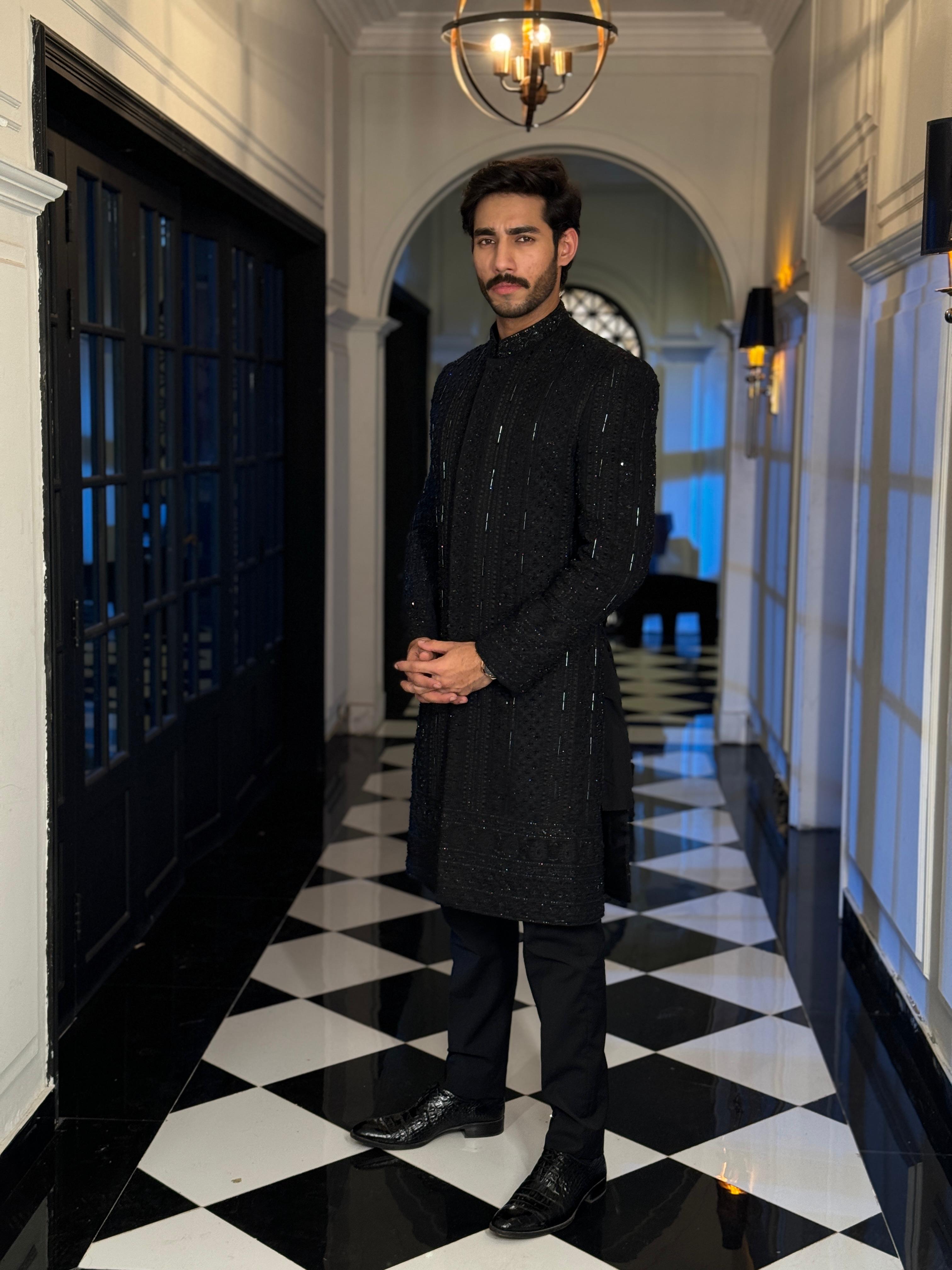Black Indian Chikankari Sherwani