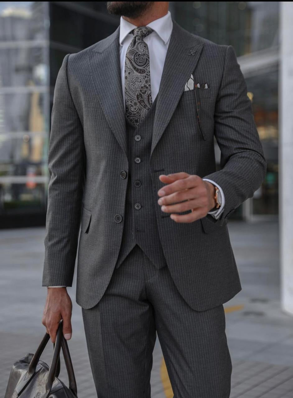 Grey Striped Three-Piece Suit.
