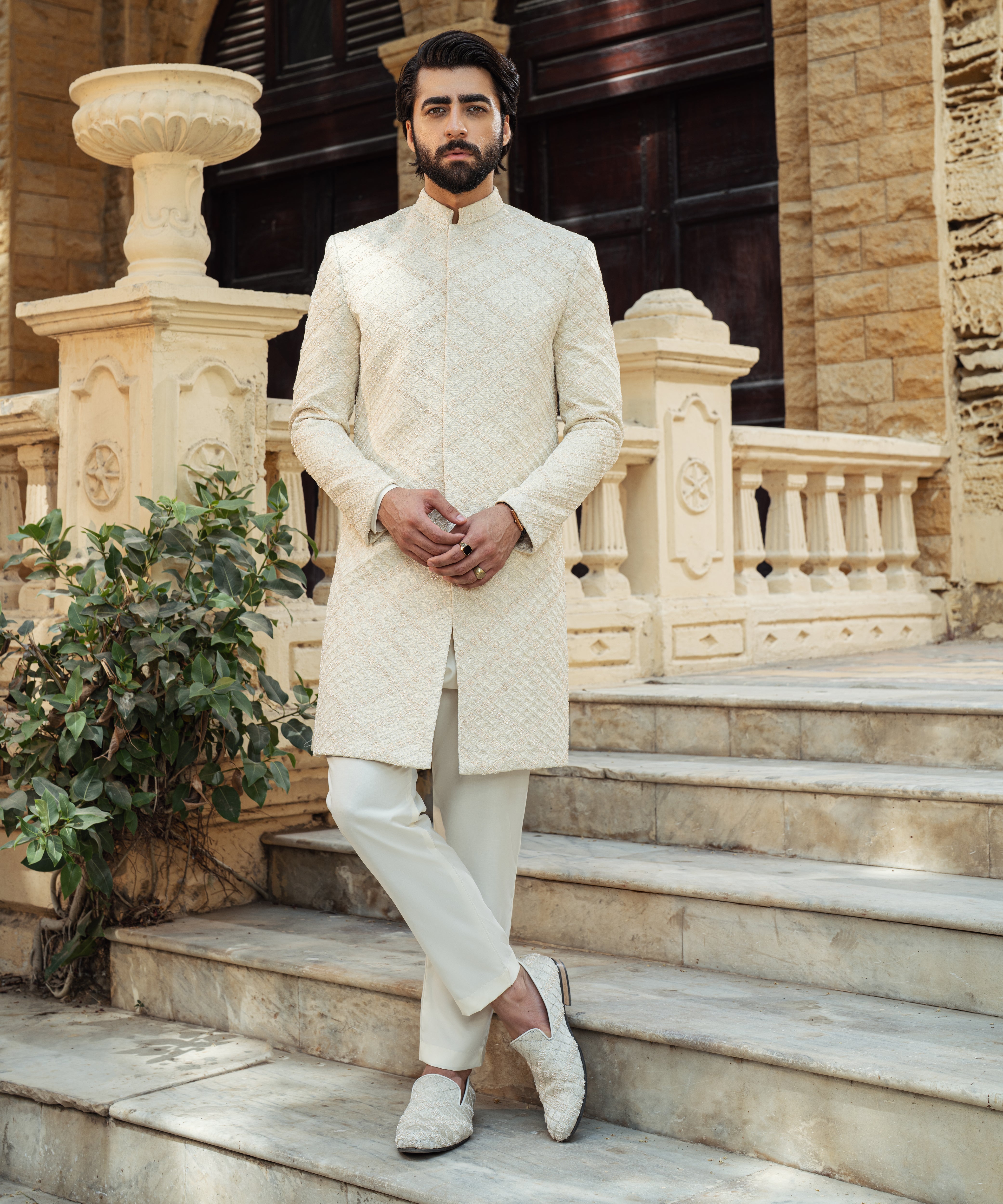 Off White Cross Check Diamond Sherwani