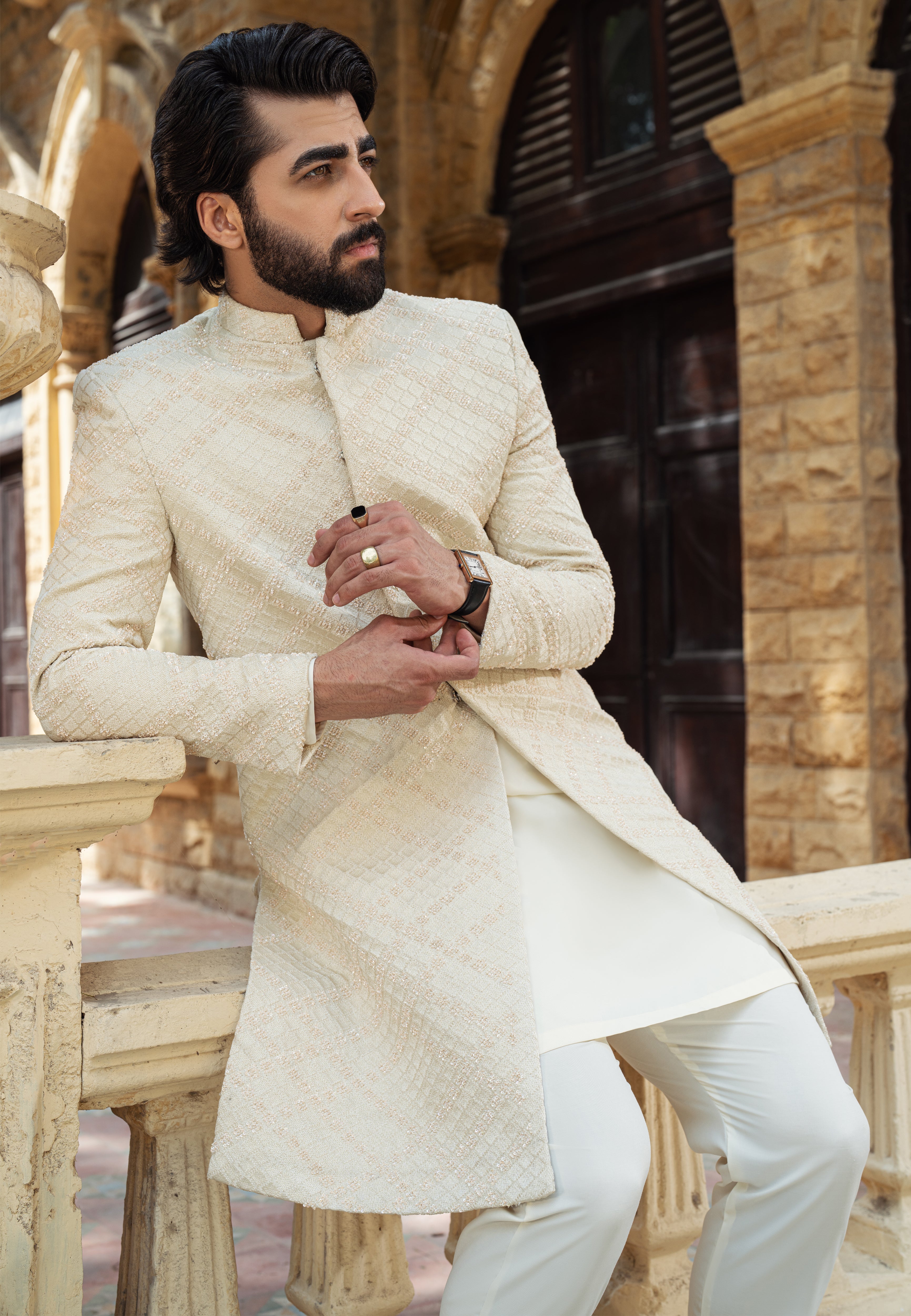 Off White Cross Check Diamond Sherwani