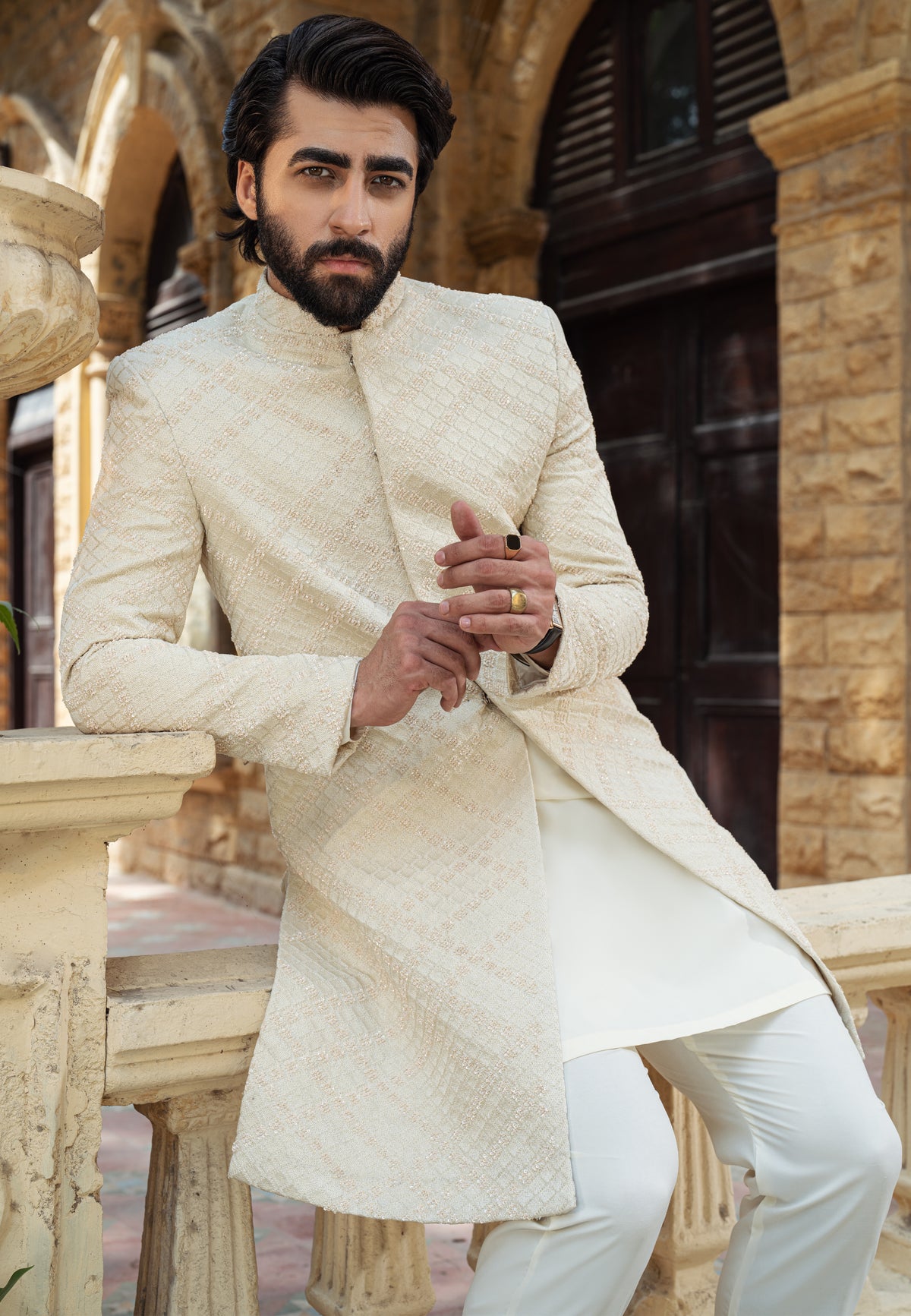 Off White Cross Check Diamond Sherwani