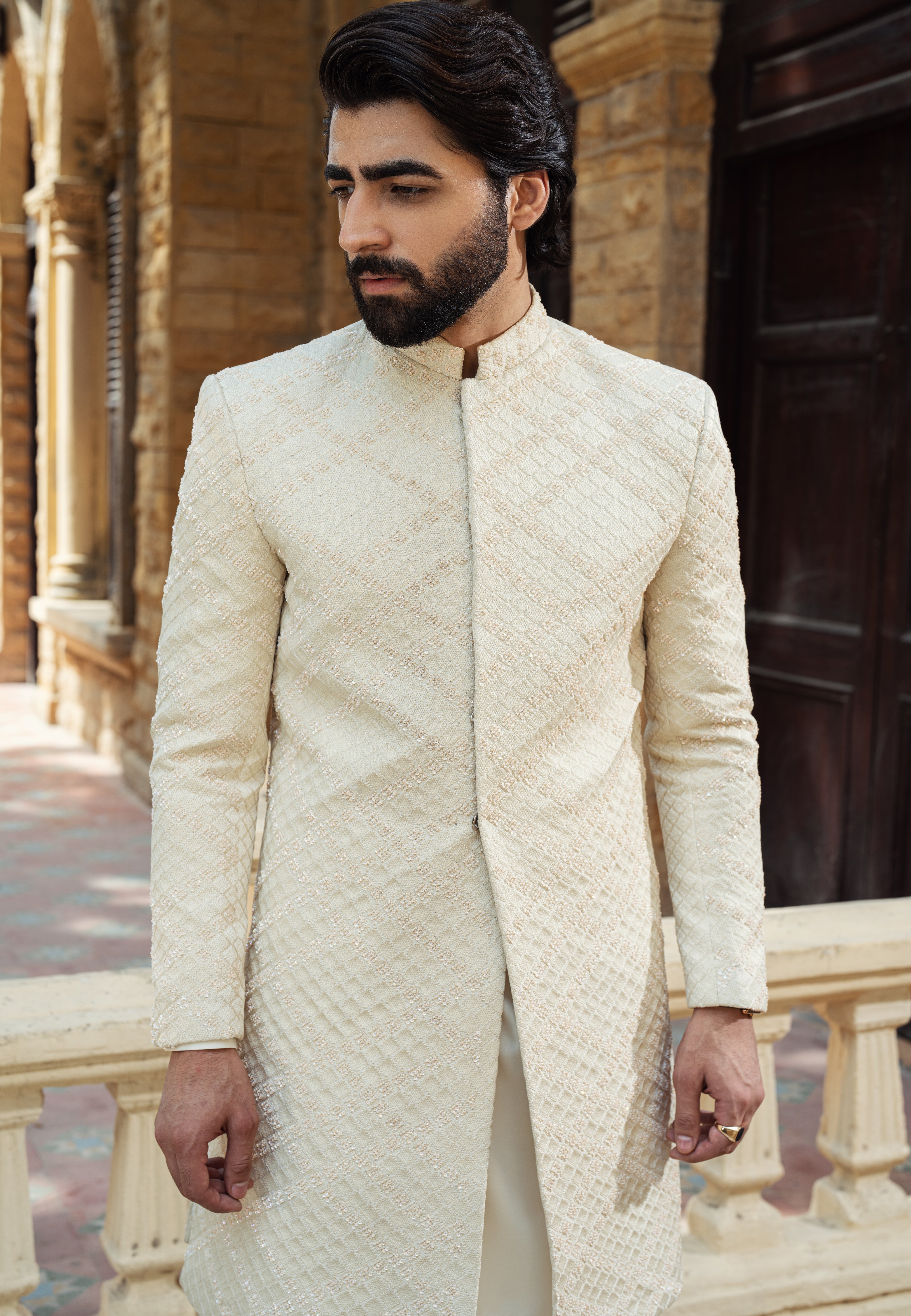 Off White Cross Check Diamond Sherwani