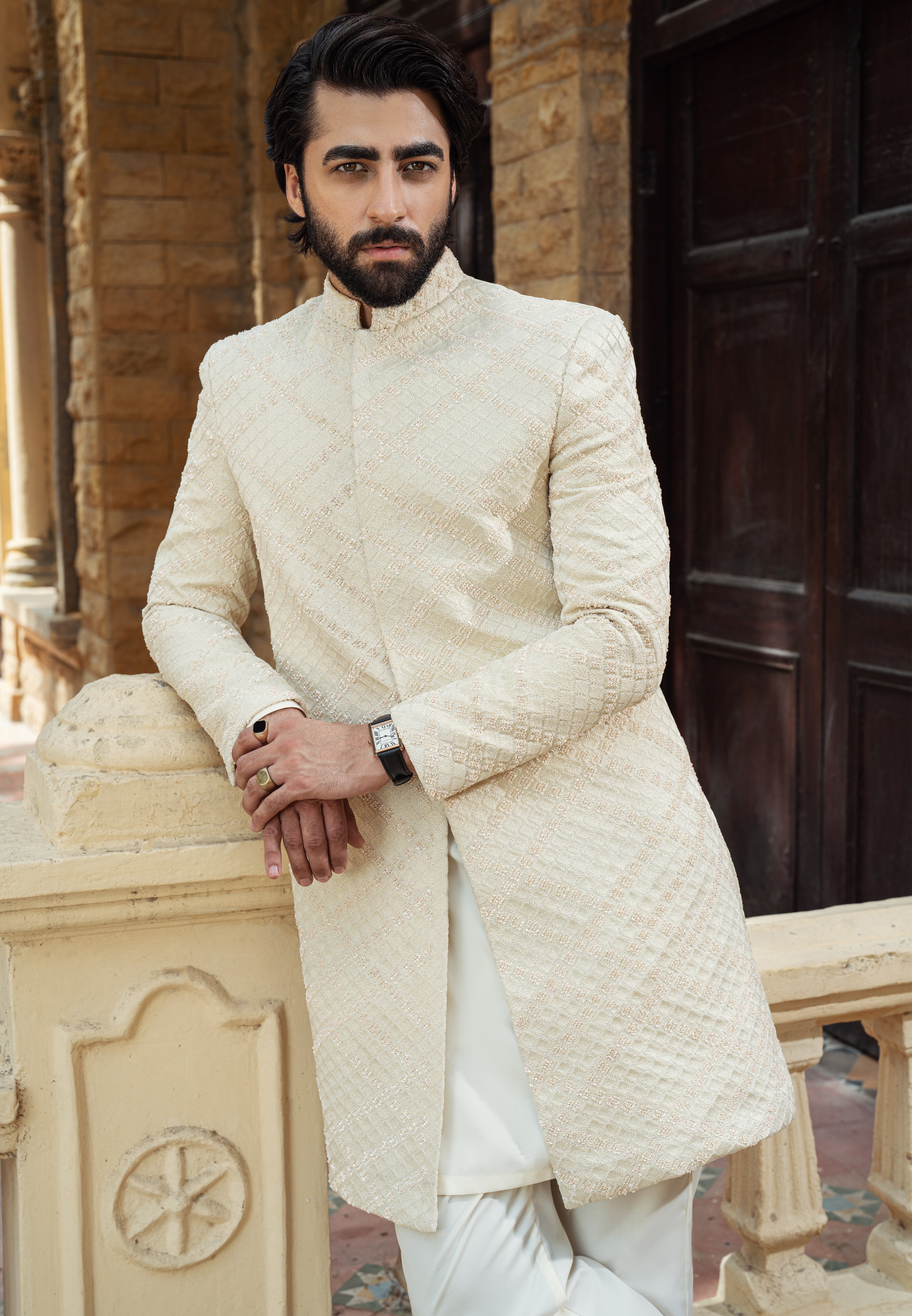 Off White Cross Check Diamond Sherwani