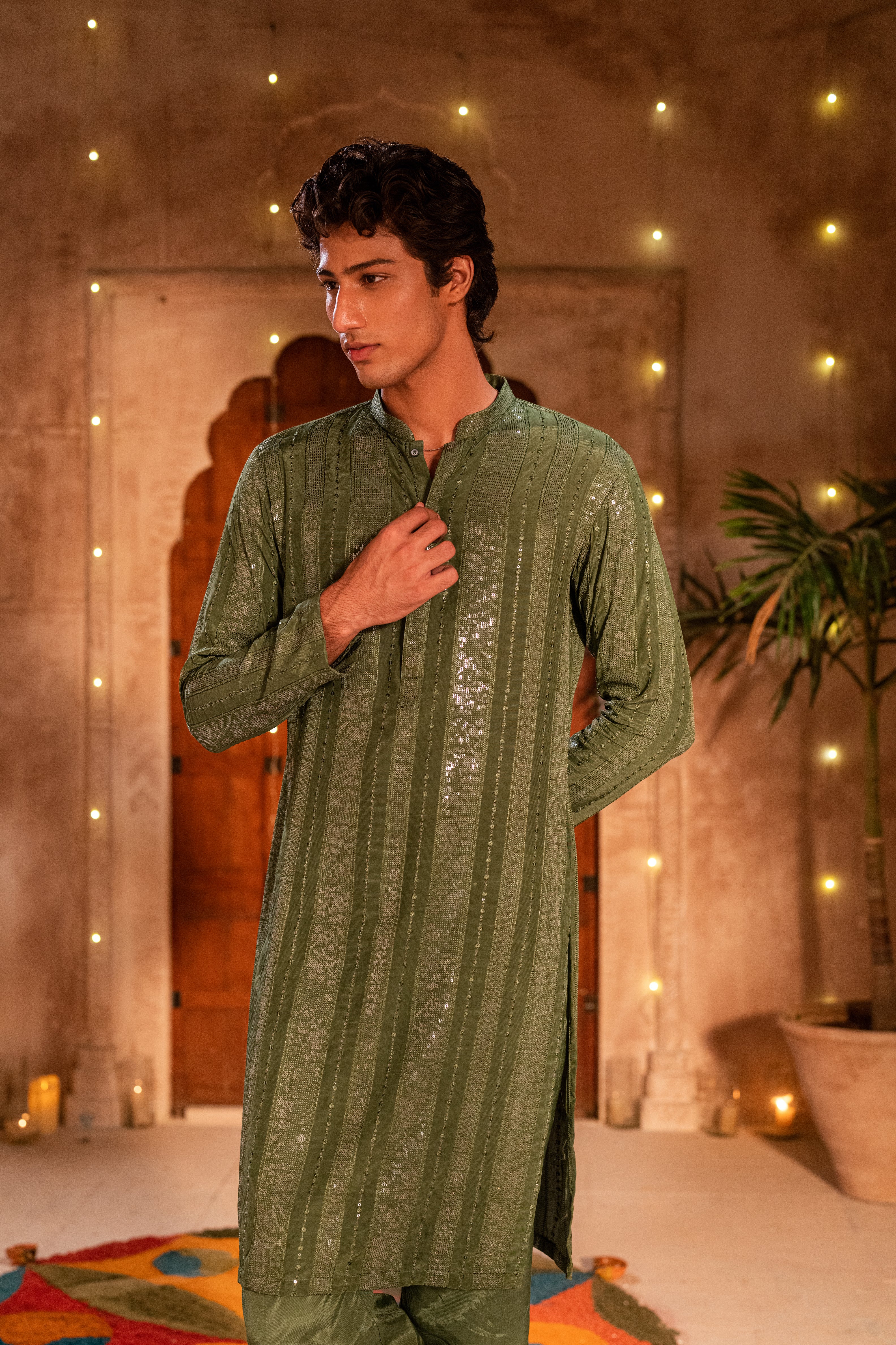 GREEN SEQUENCE KURTA PAJAMA