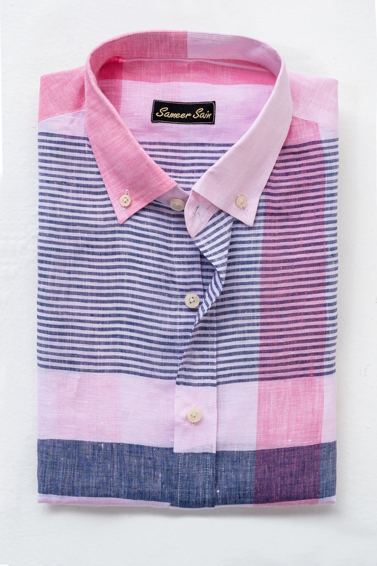 BLUE AND PINK SHIRT BUTTON DOWN LINEN FABRIC