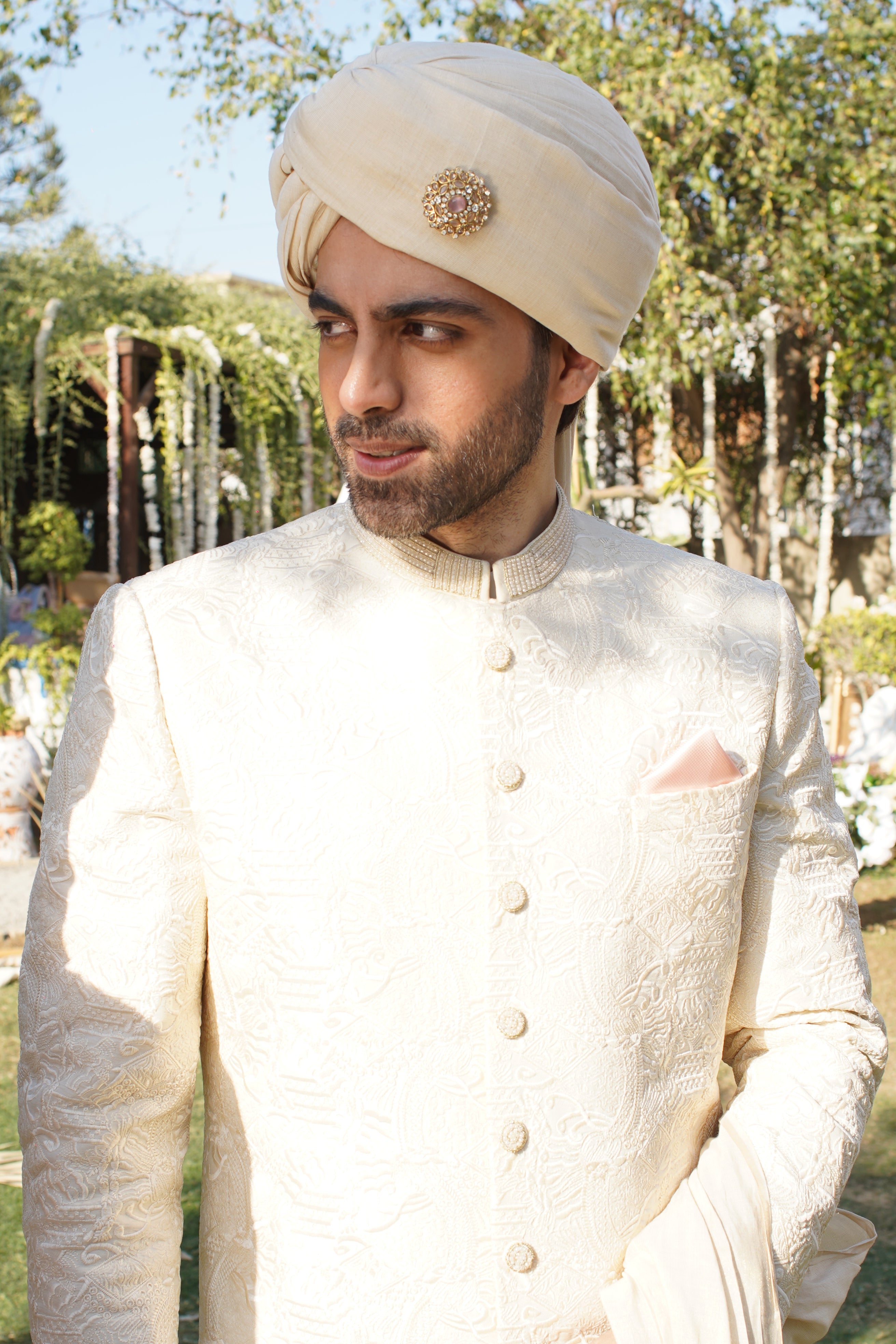 IVORY SHERWANI COLLAR AND BUTTON  EMBLESHMENT