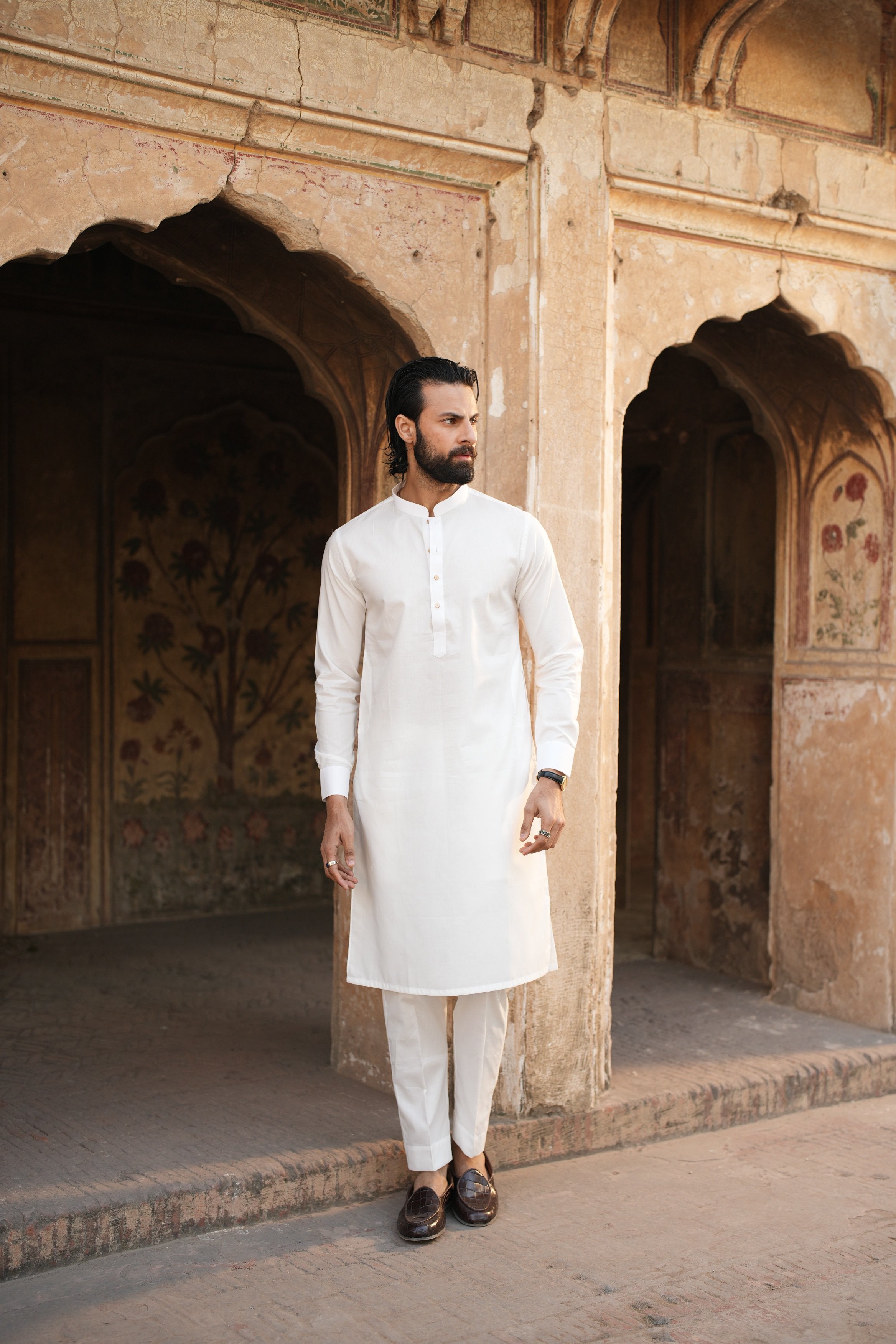 Classic White Sherwani Collar Kurta Trouser.
