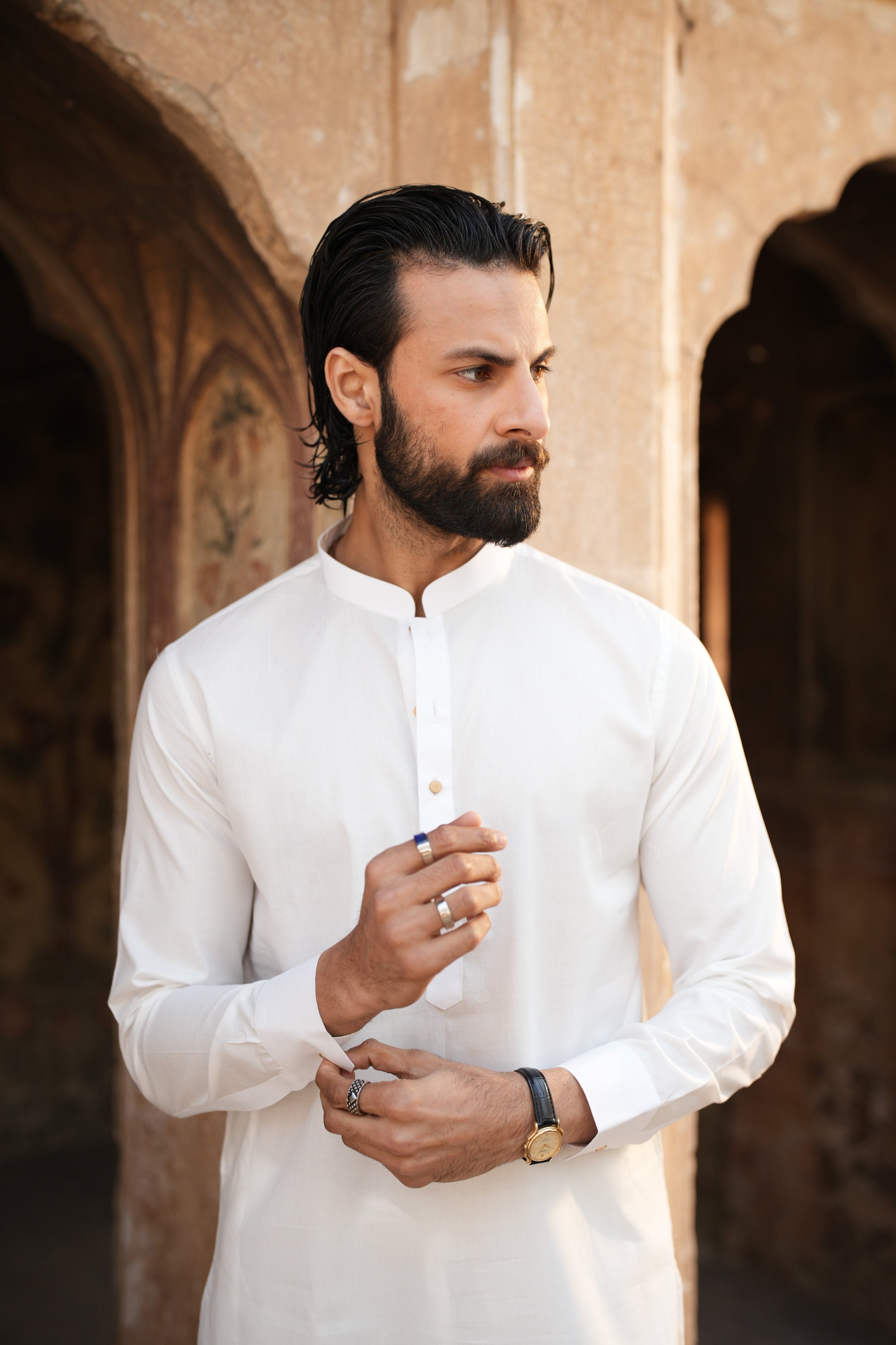 Classic White Sherwani Collar Kurta Trouser.