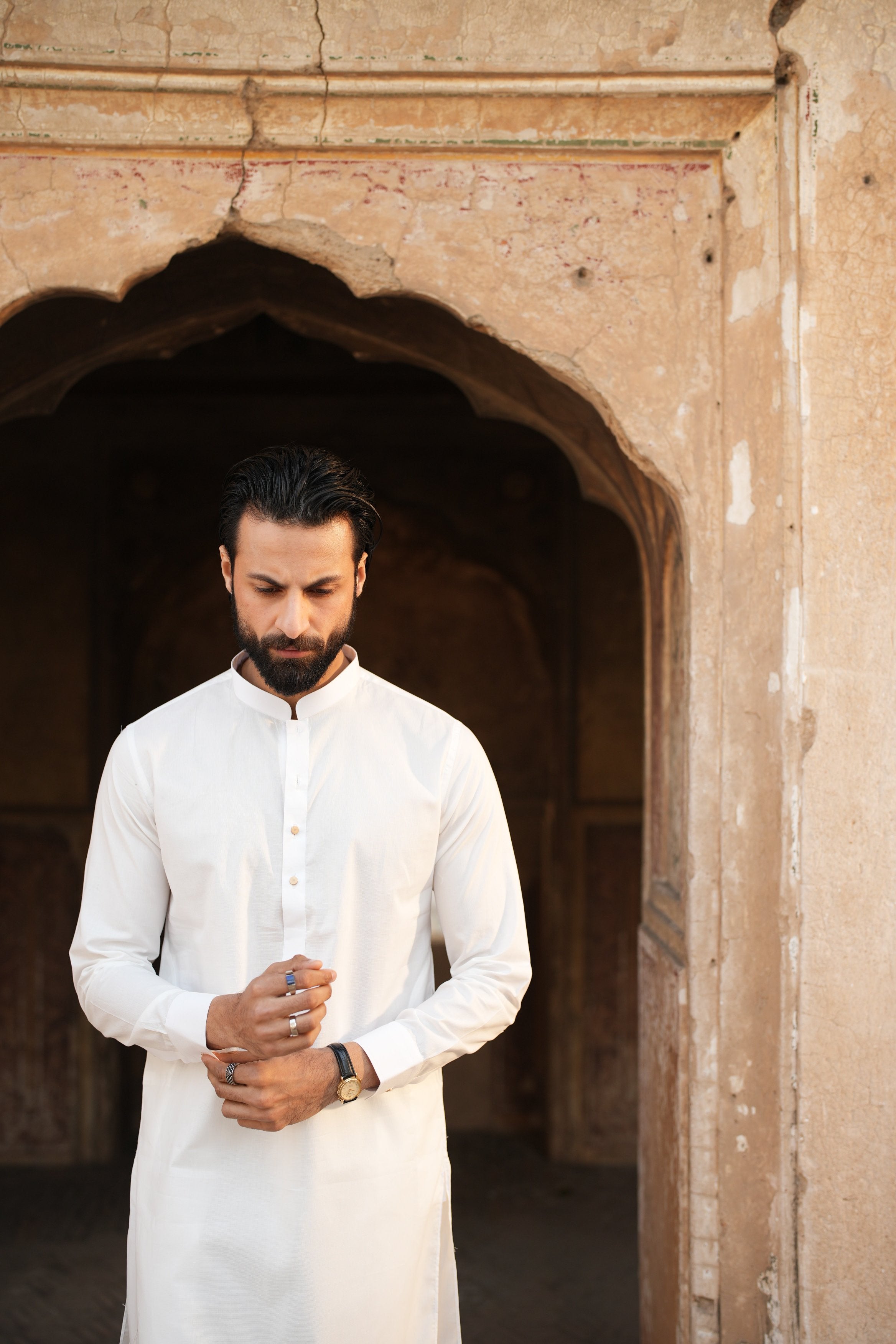Classic White Sherwani Collar Kurta Trouser.