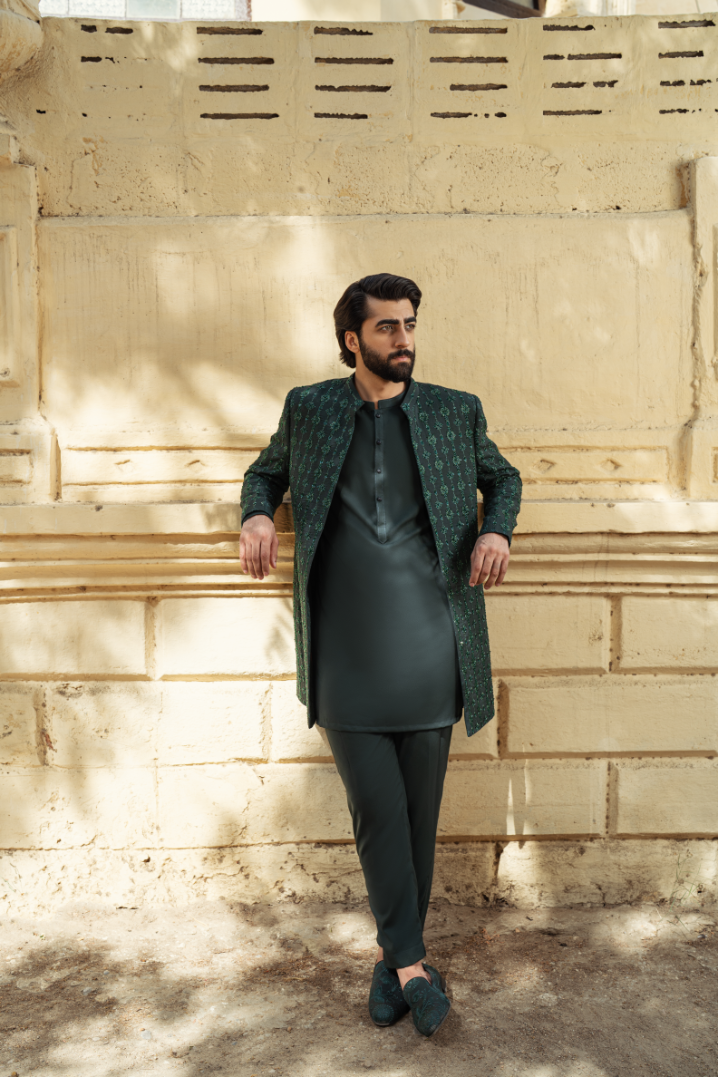 Bottle Green Striped Short Sherwani