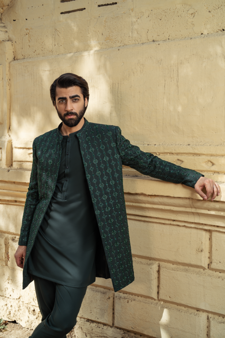 Bottle Green Striped Short Sherwani