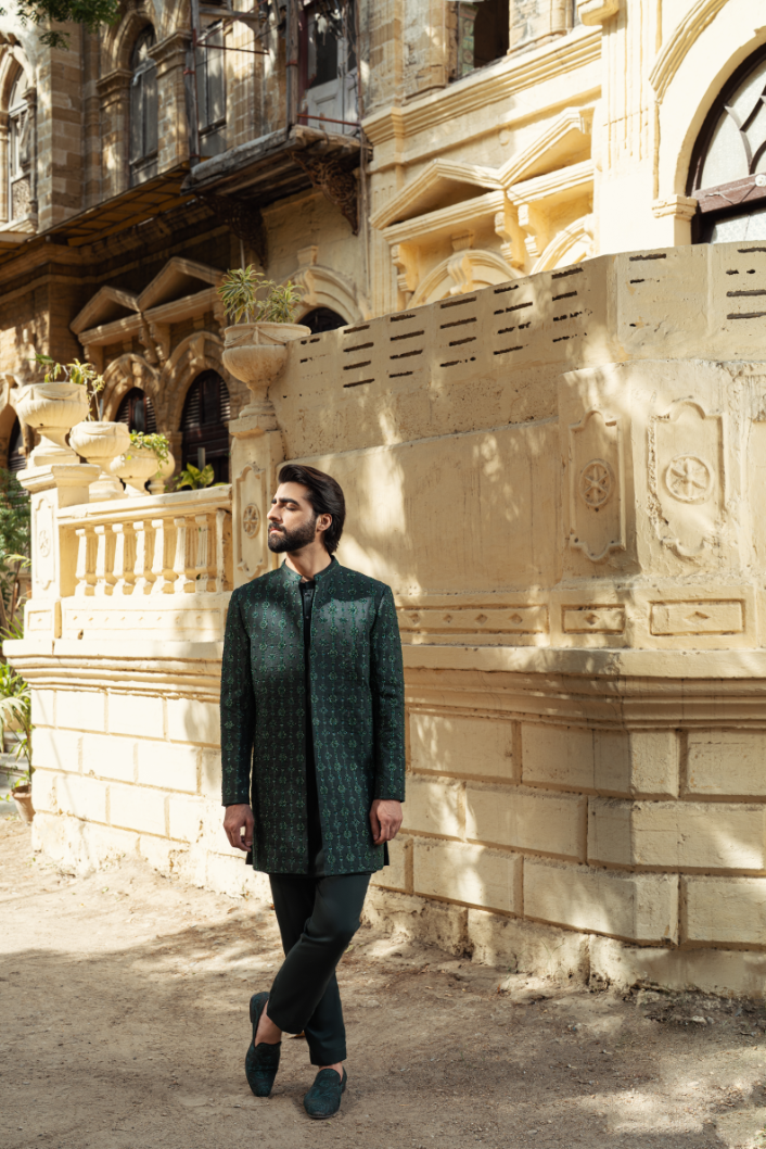 Bottle Green Striped Short Sherwani