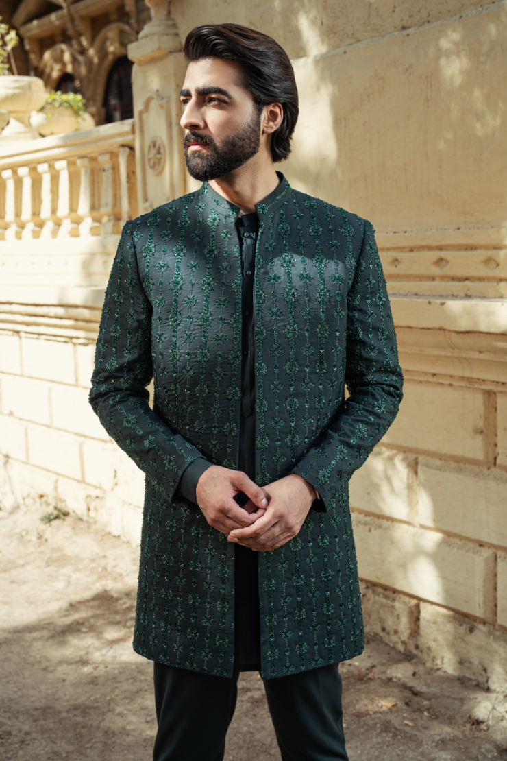 Bottle Green Striped Short Sherwani