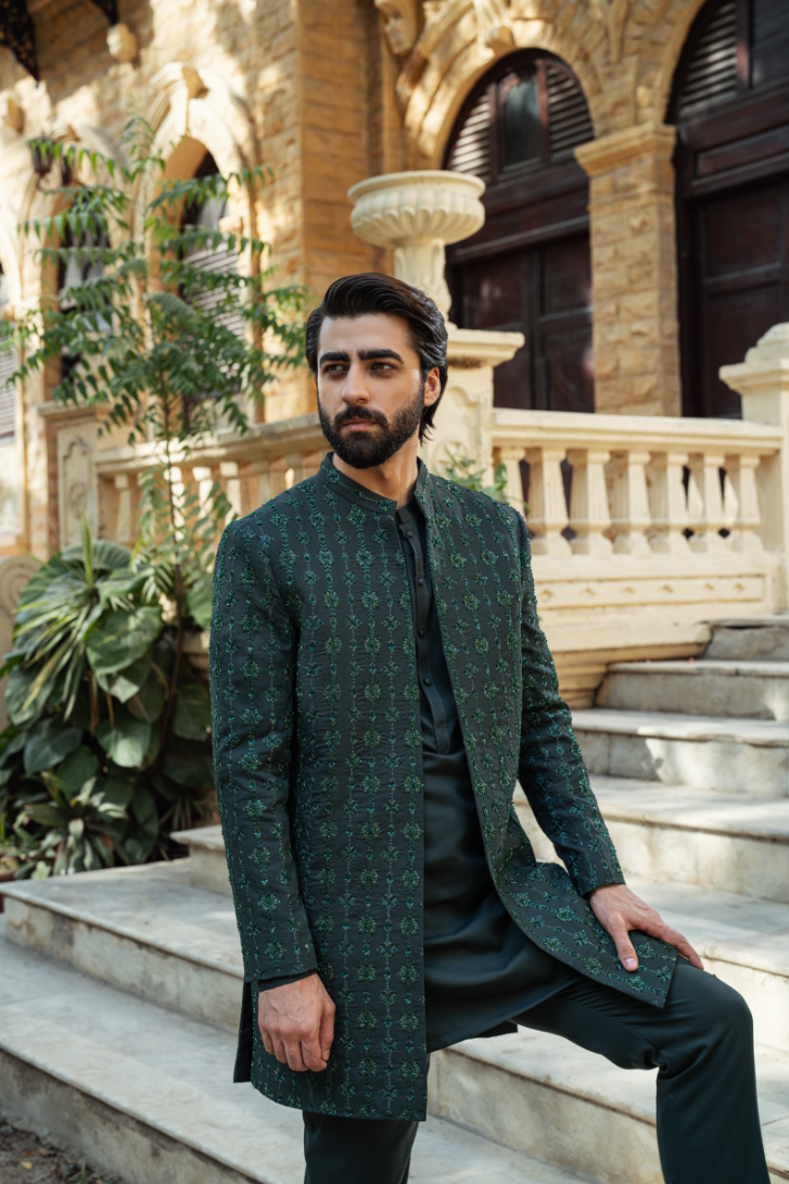 Bottle Green Striped Short Sherwani