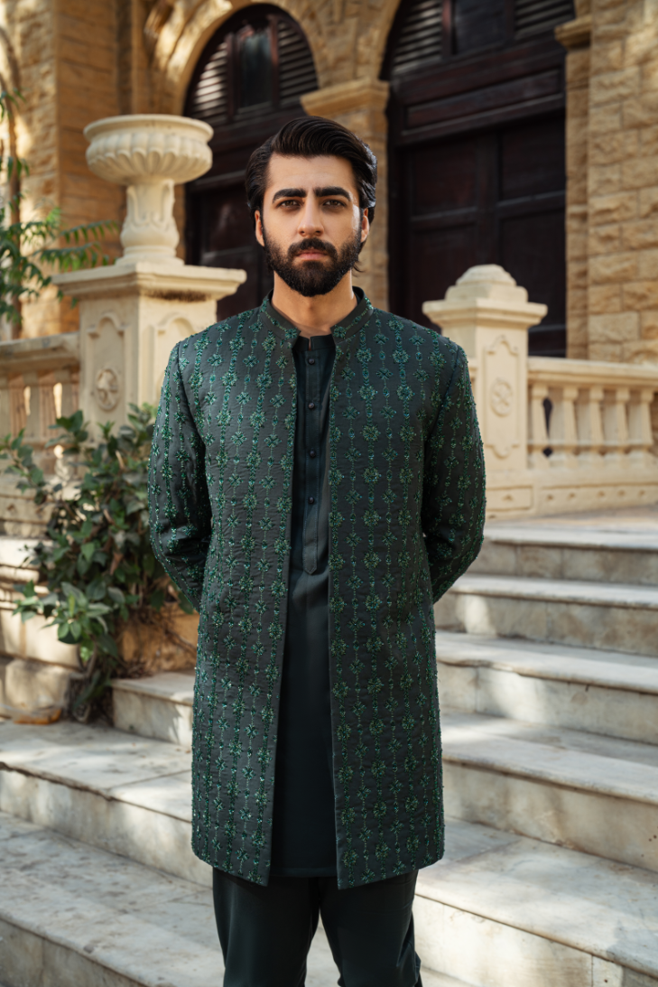 Bottle Green Striped Short Sherwani