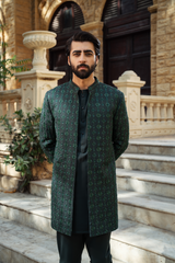 Bottle Green Striped Short Sherwani