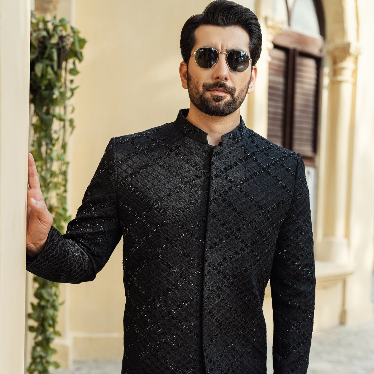 Black Cross Check Diamond Sherwani