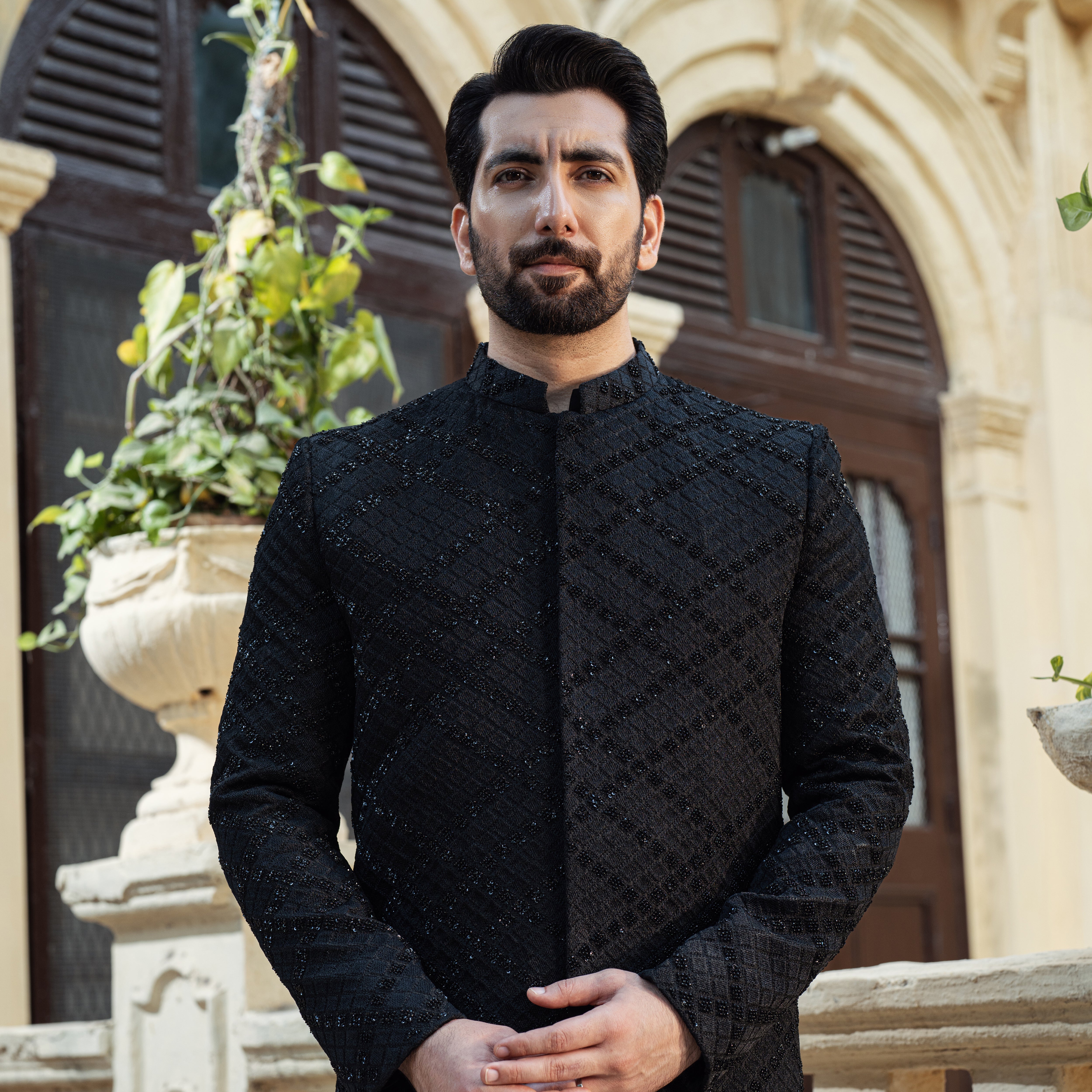 Black Cross Check Diamond Sherwani