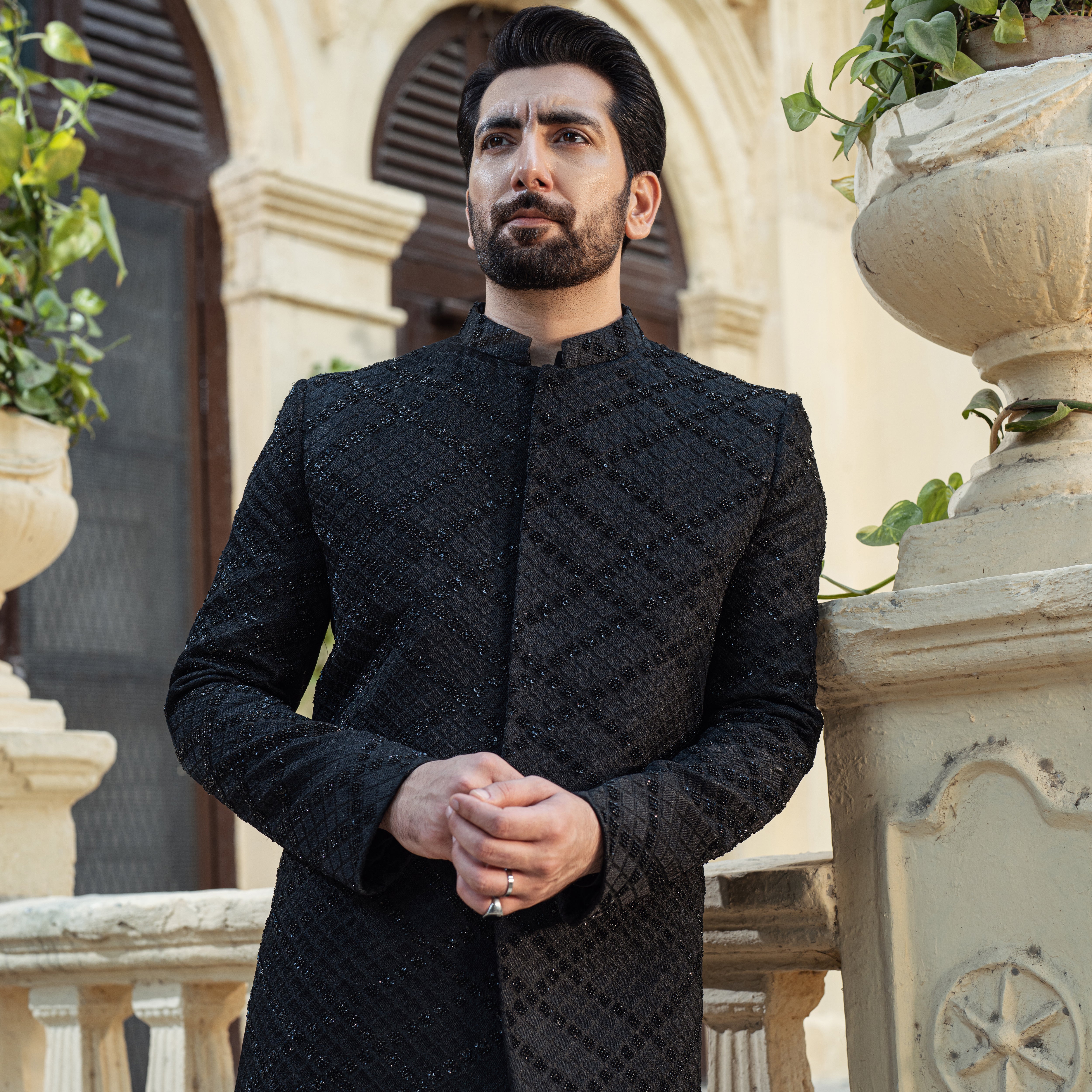 Black Cross Check Diamond Sherwani