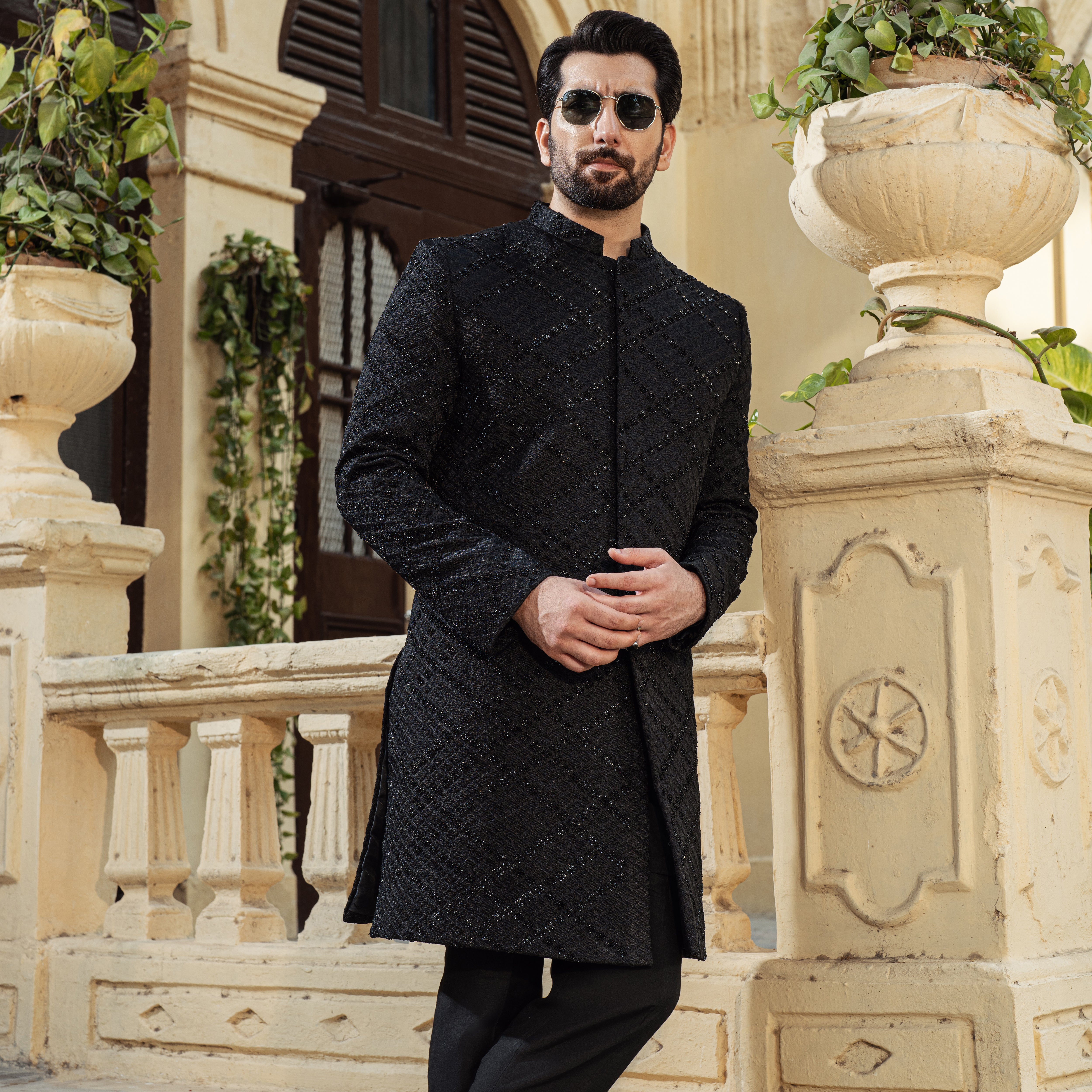 Black Cross Check Diamond Sherwani