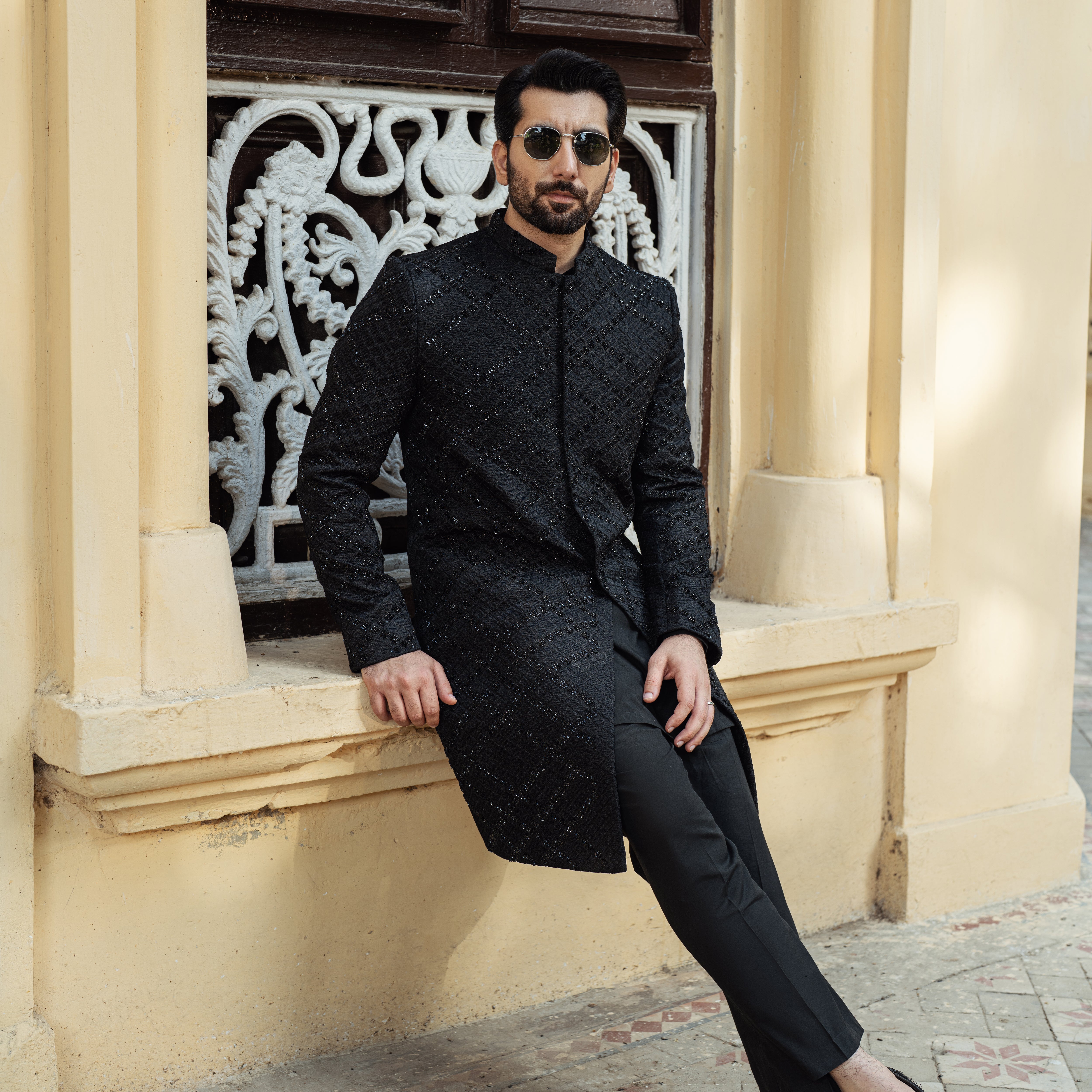 Black Cross Check Diamond Sherwani