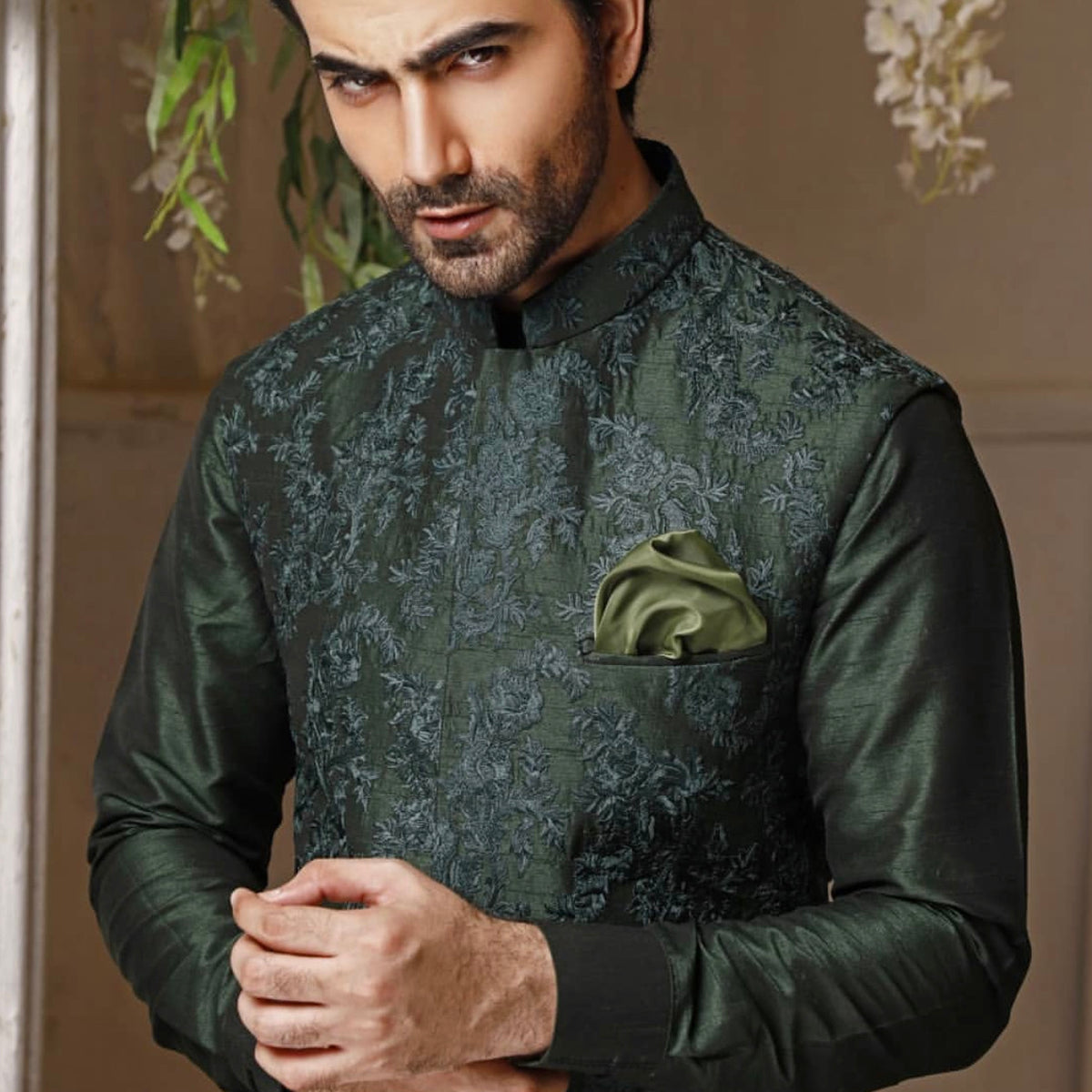 Raw Silk Green Embroidered Fabric Waistcoat – Sameer Sain
