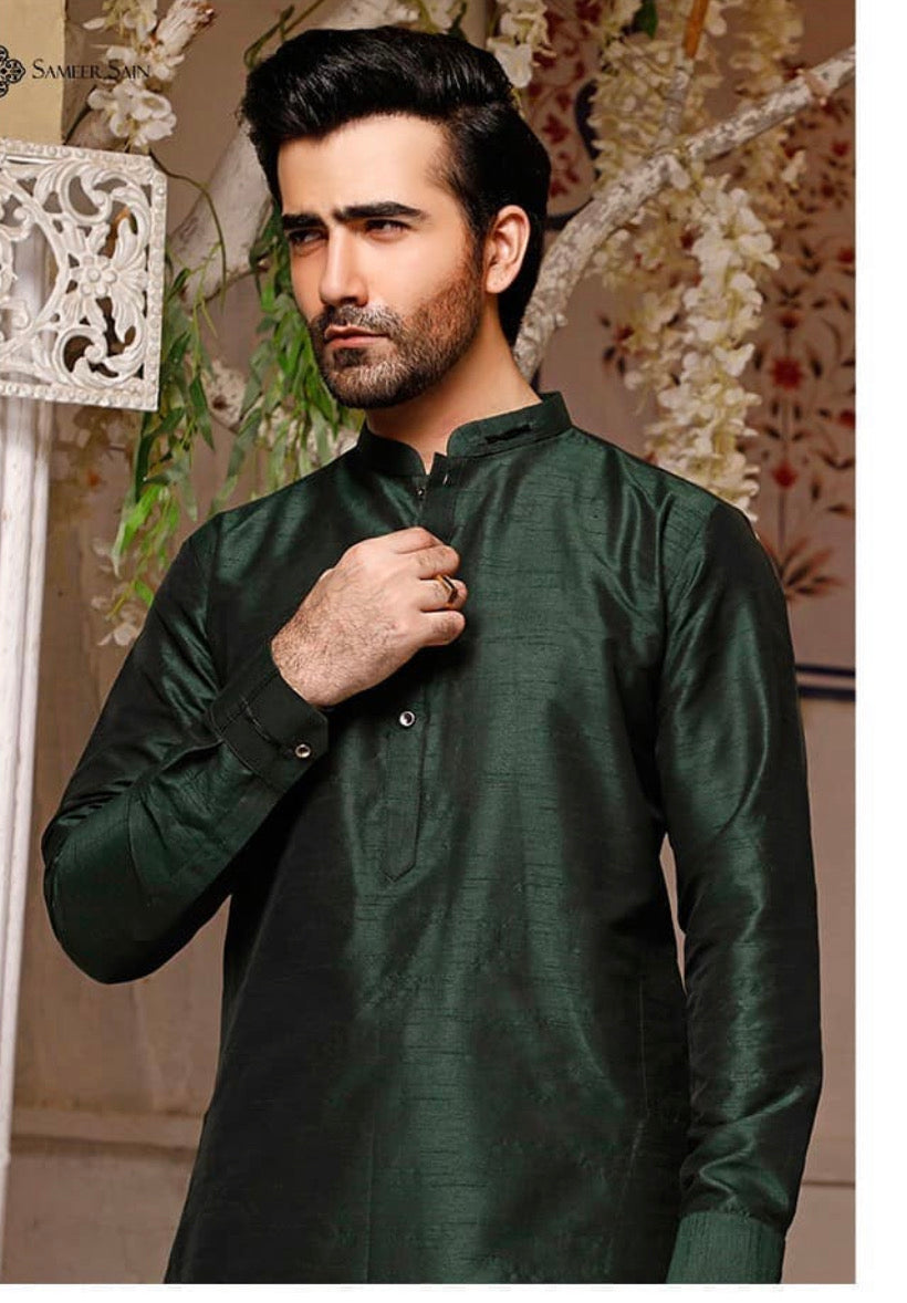 Raw Silk Green Embroidered Fabric Waistcoat