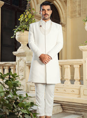 White embossed jacquard Sherwani